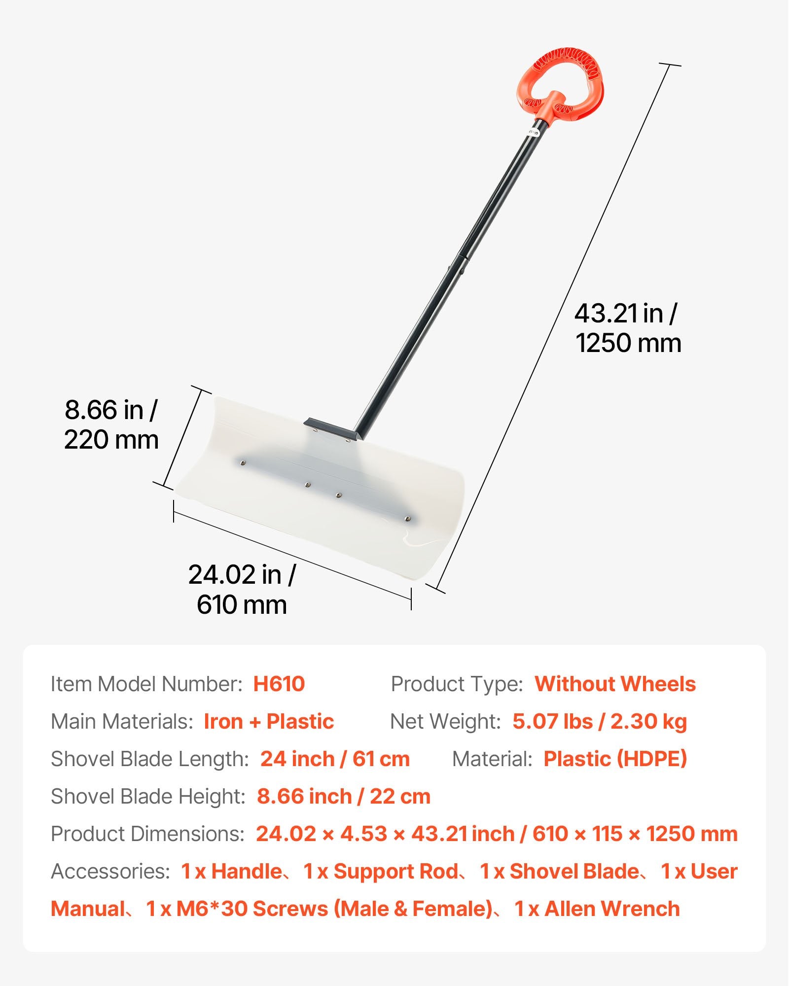 Snow Pusher Shovel 61cm Wide HDPE Plastic Blade Ergonomic Grip Segmented Handle