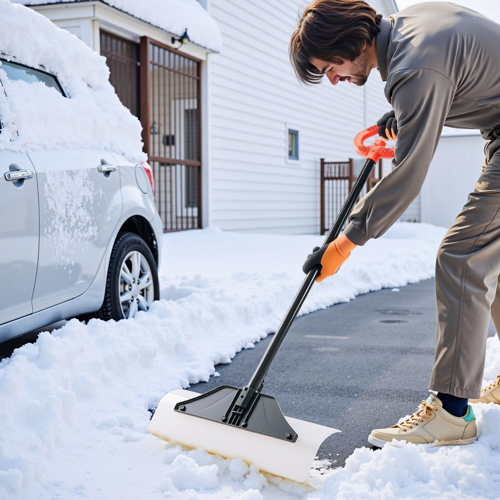 Snow Pusher Shovel 61cm Wide HDPE Plastic Blade Ergonomic Grip Segmented Handle