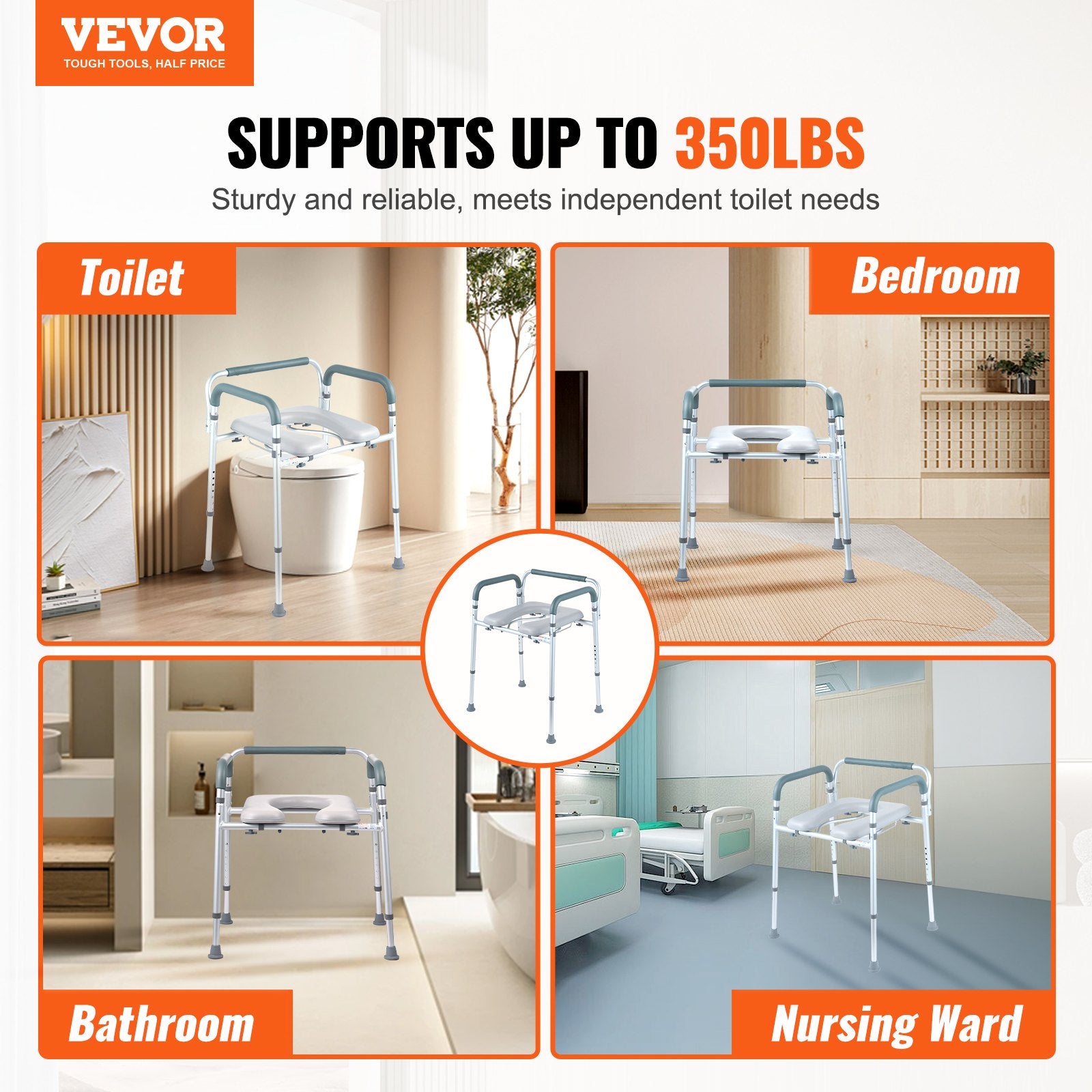 Commode Chair, Bedside with Padded Seat & Arms, 7-Level Adjustable, 5.8L Bucket