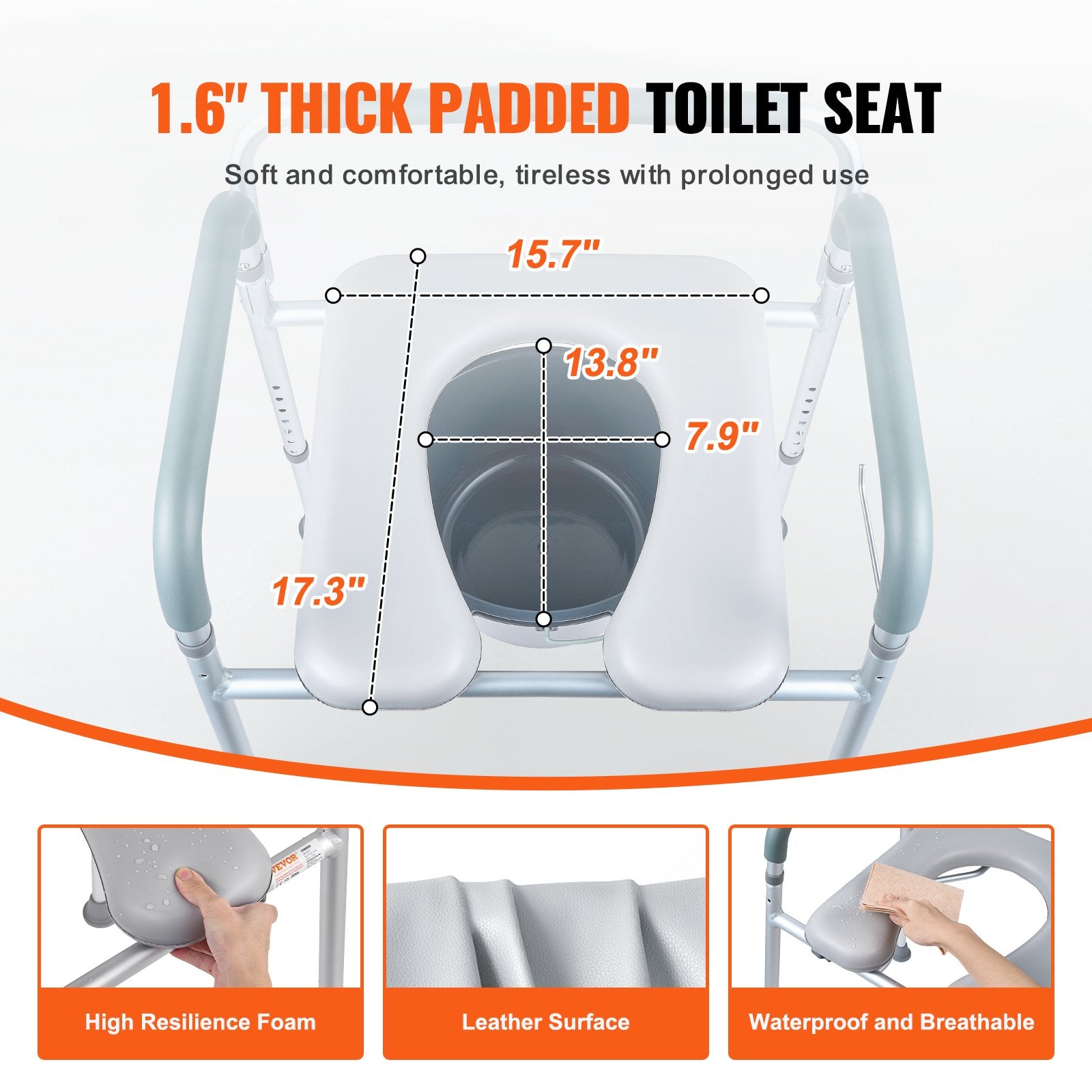 Commode Chair, Bedside with Padded Seat & Arms, 7-Level Adjustable, 5.8L Bucket