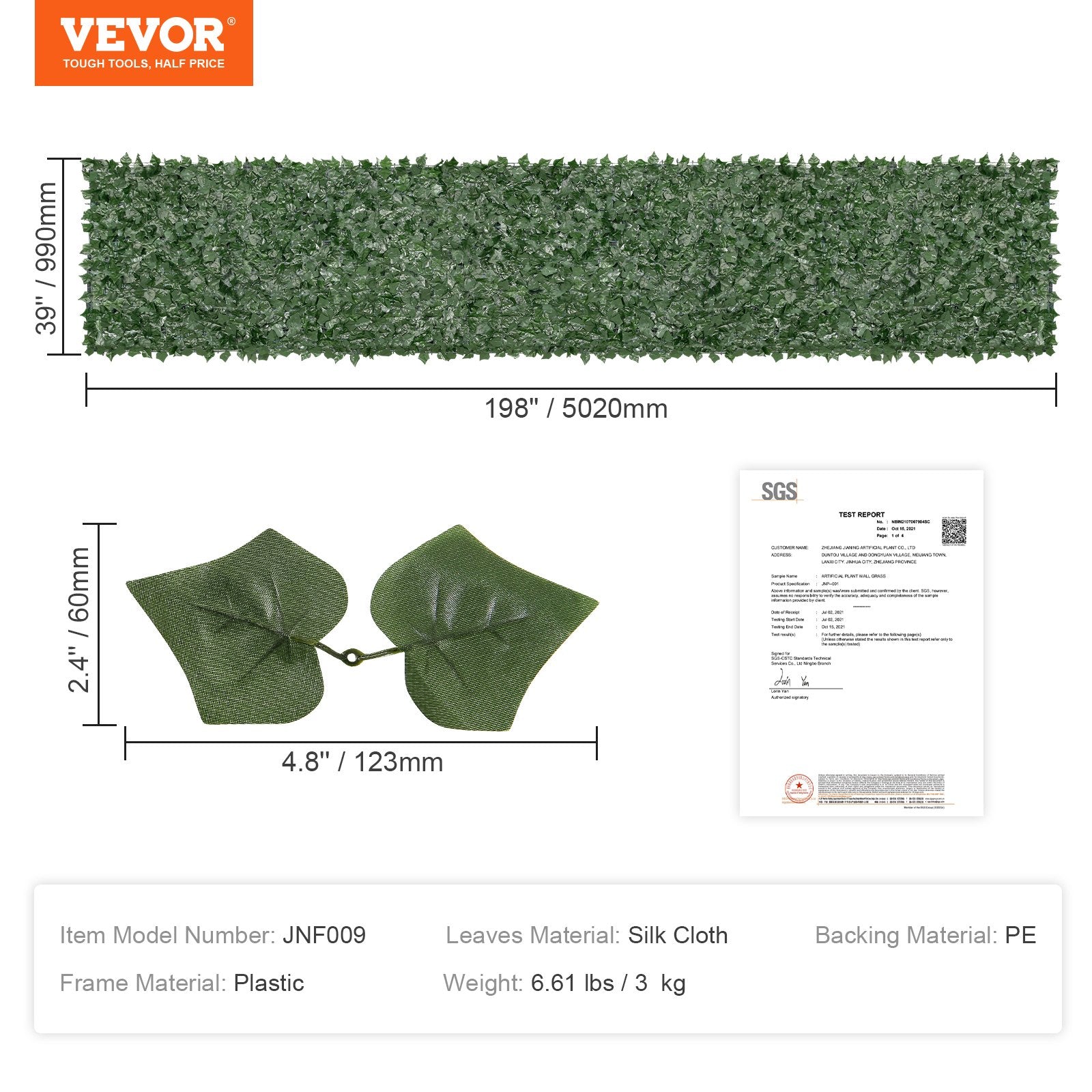 Ivy Privacy Fence 39x198in Artificial Green Wall Screen with Mesh Backing