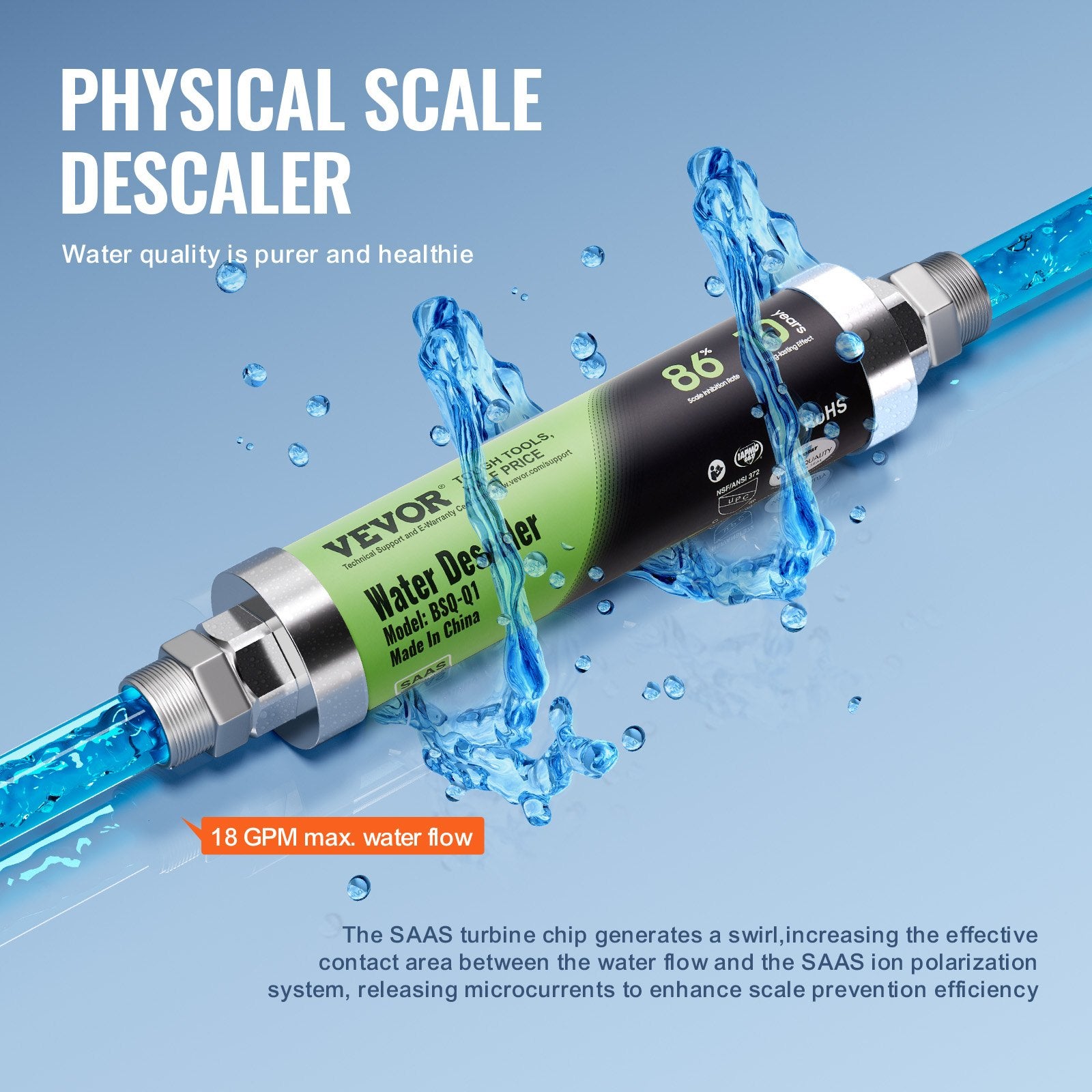Whole House Salt Free Descaler Physical Scale 18 GPM Water Descaler SAAS Alloy