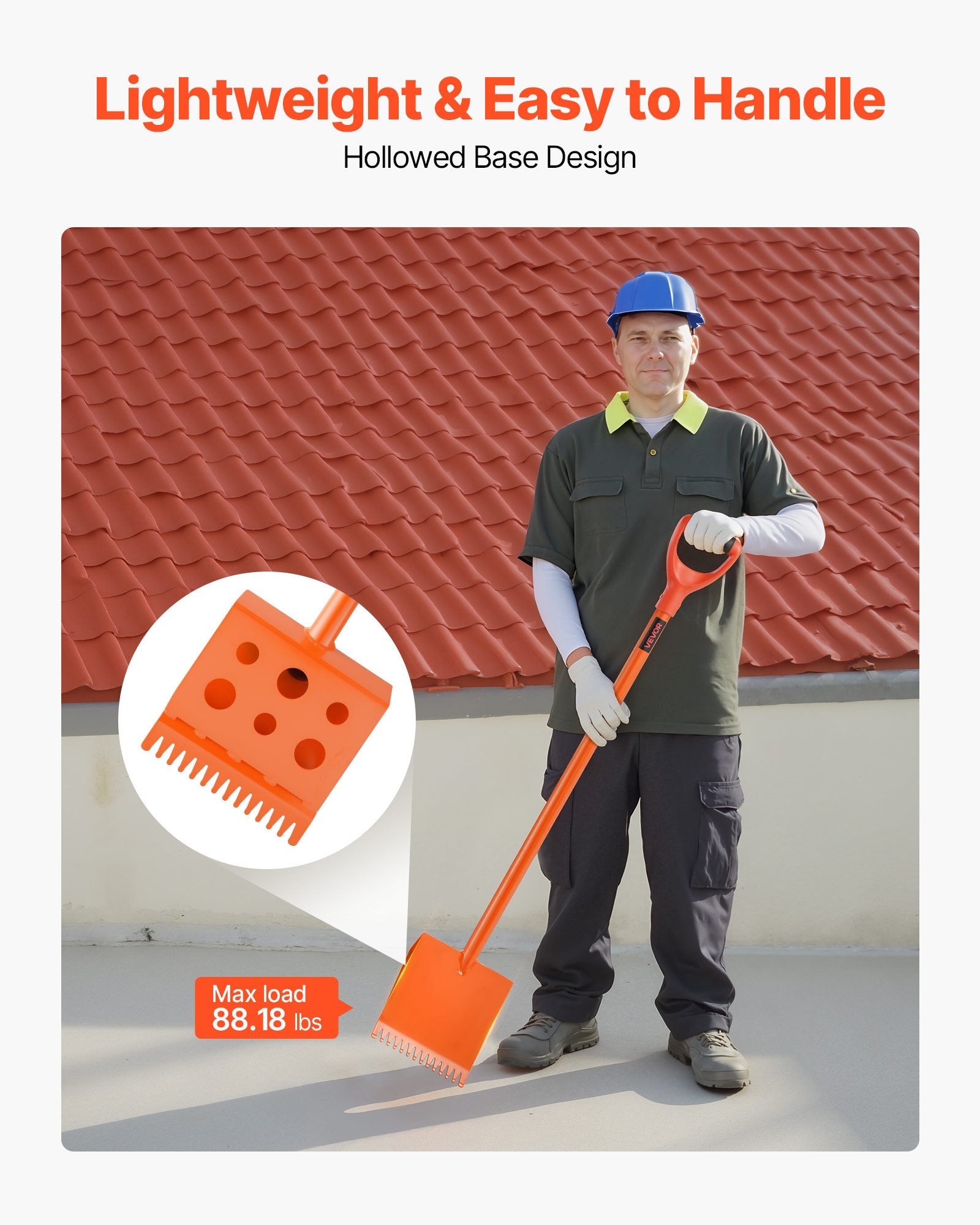 Shingle Shovel 1 Pack D-Grip Handle 45# Steel Roof Ripper Lightweight, Orange
