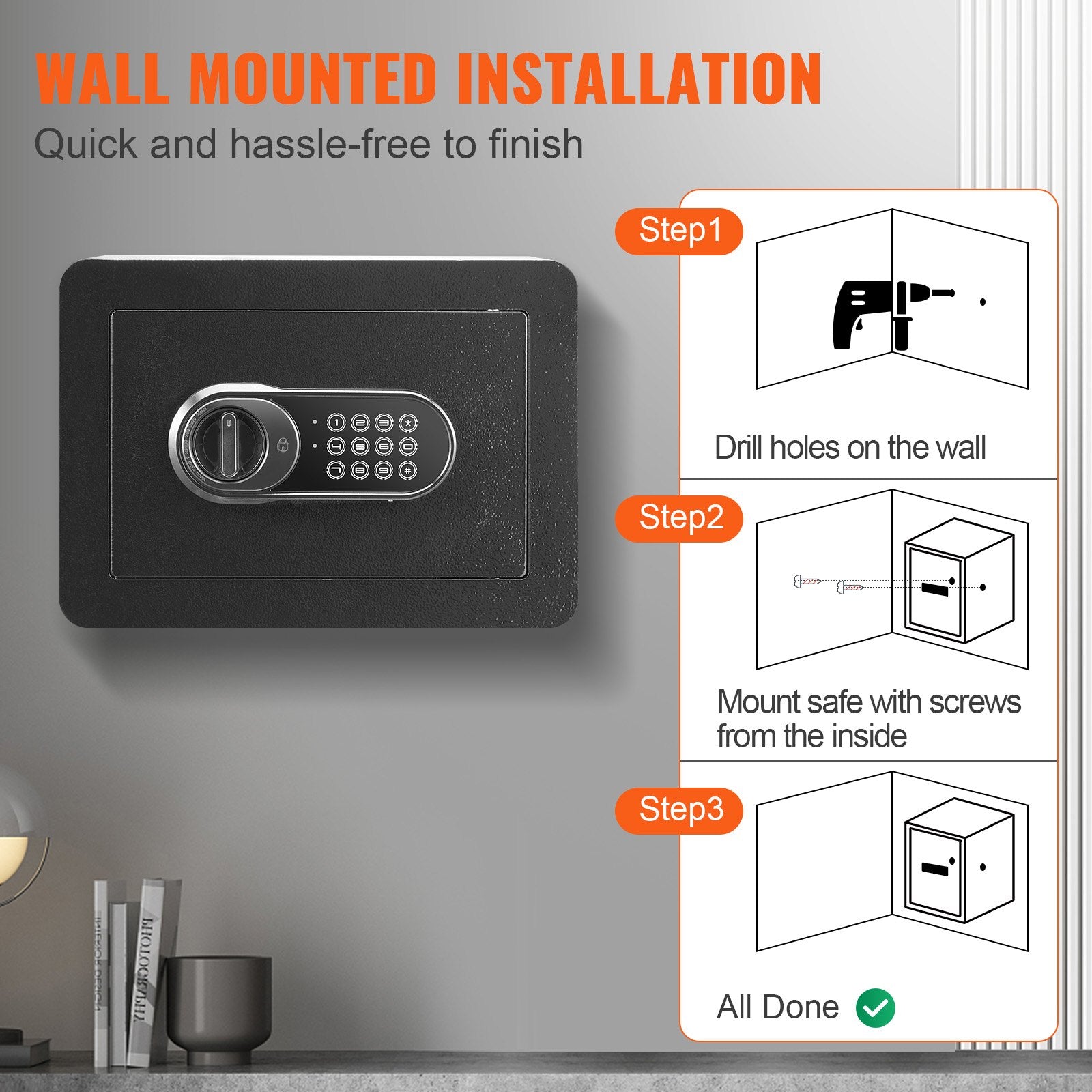 Safe Home Steel Security Digital Keypad 0.5CuFt 2 Keys WallMounted 350x250x250mm