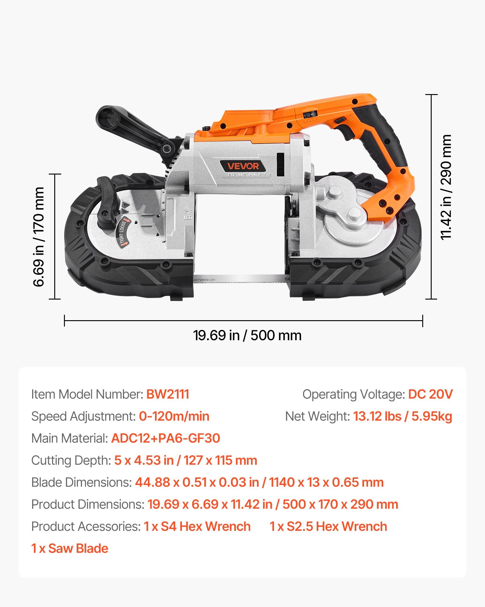 Portable Band Saw 5" Deep Cut 360W Brushless Cordless 0-192m/min for Metal/Wood