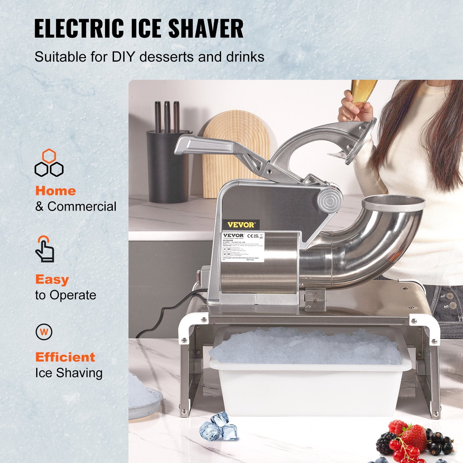 Commercial Ice Shaver Crusher 661lbs/hr Electric 350W Shaved Ice Dual Blades