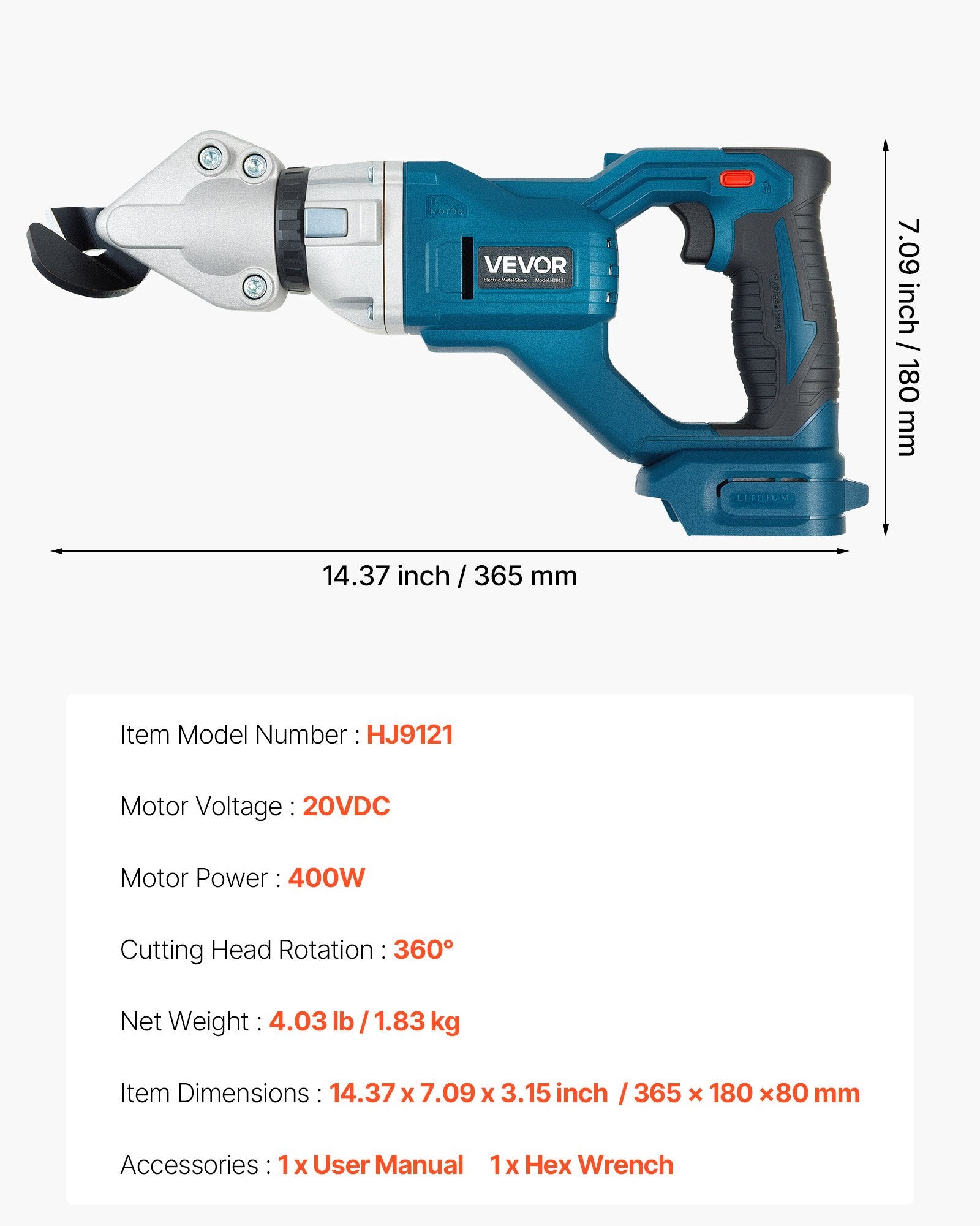 Cordless Metal Shear 360° Head Dual Blade Cutter for Steel Aluminum