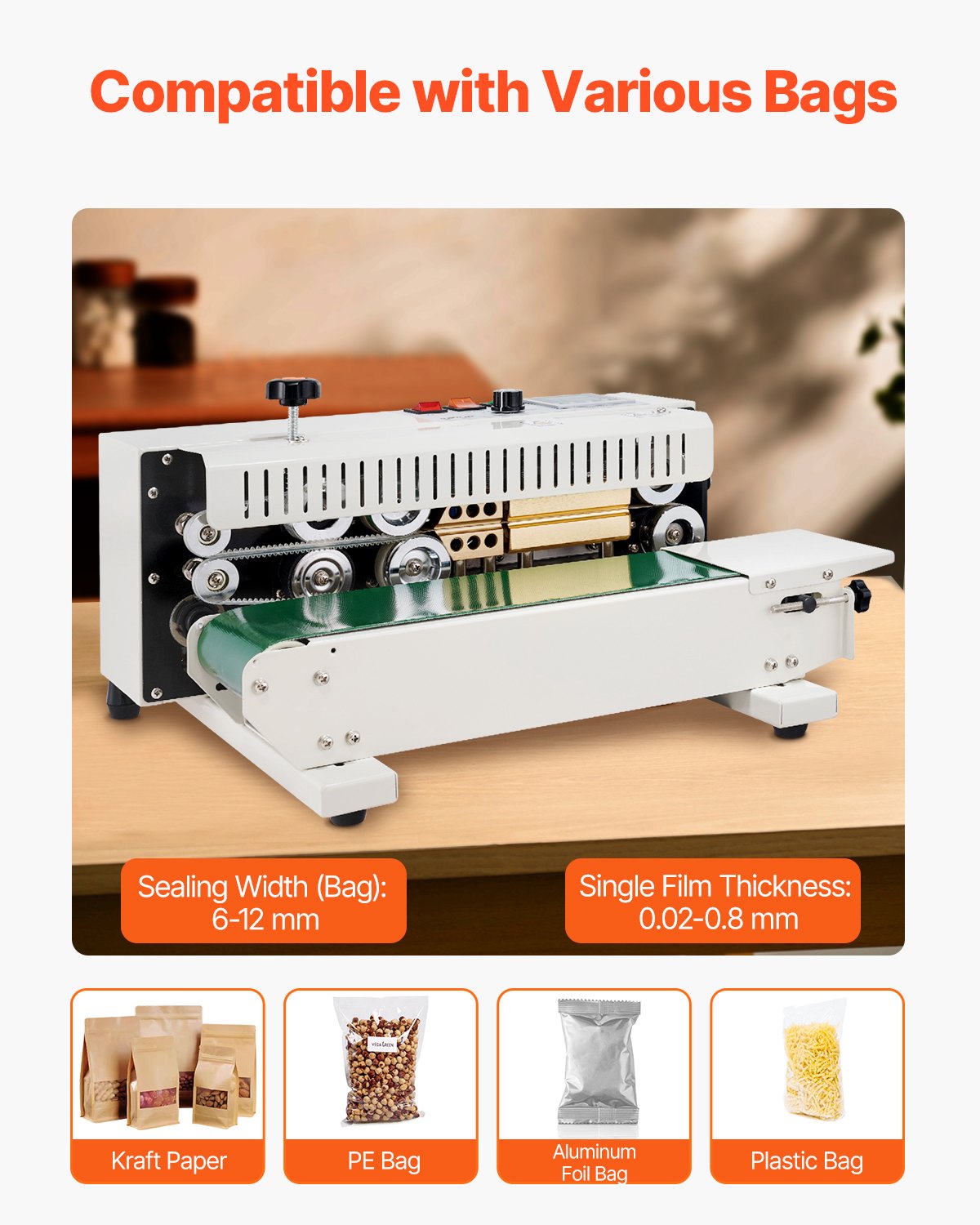 Continuous Bag Band Sealing Machine 6-12 mm Seal Width Carbon Steel Bag Sealer