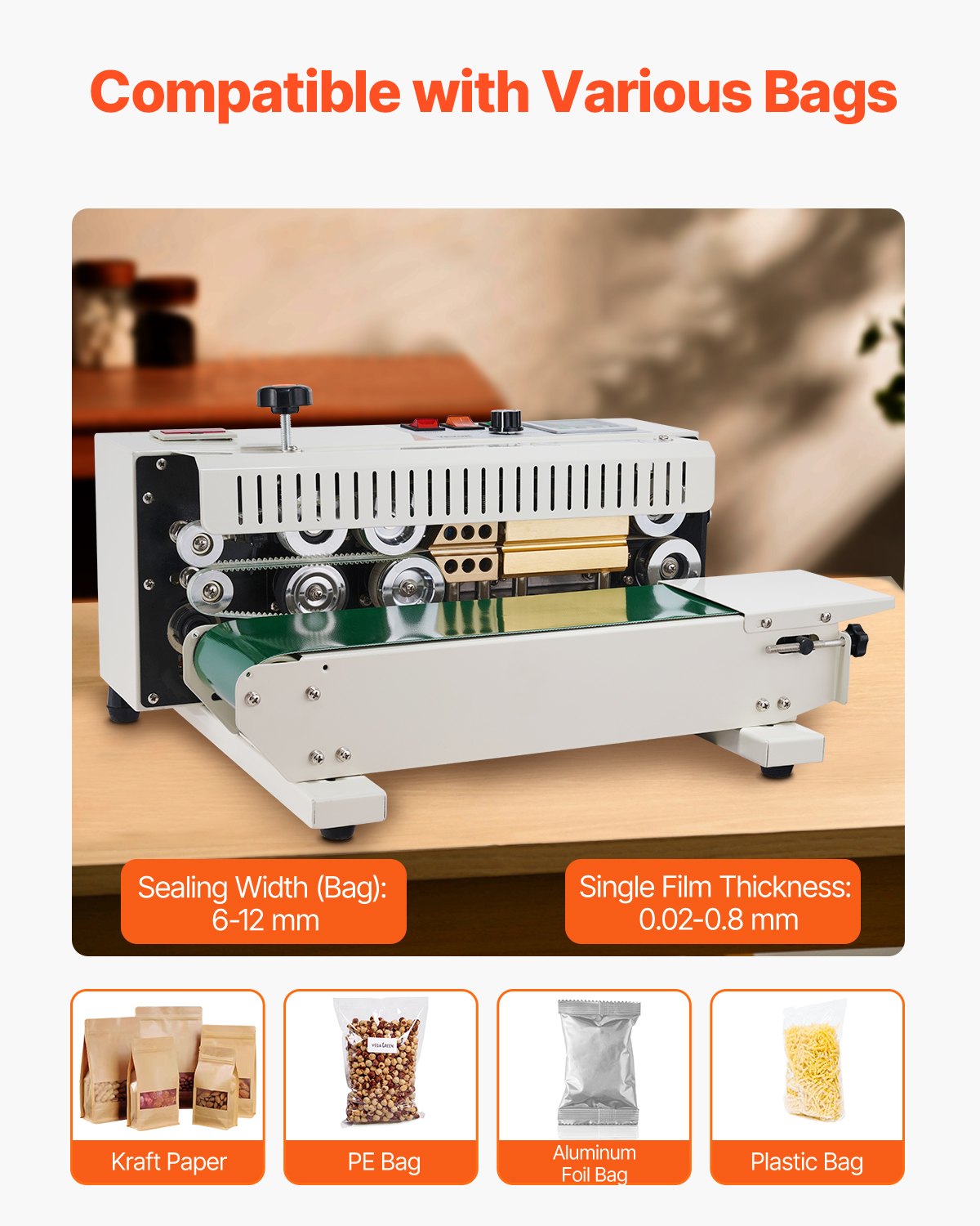 Bag Sealing Machine Continuous Band 6-12mm Seal Width Digital Count Function