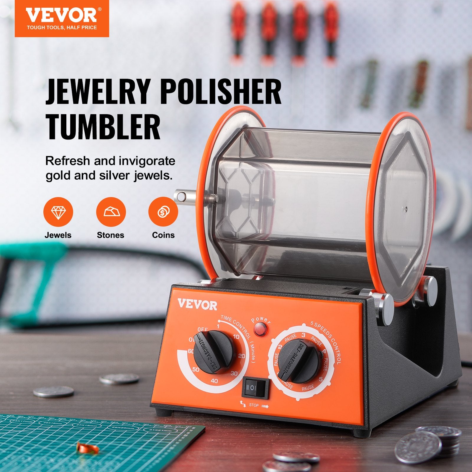 Jewelry Polisher Tumbler 6.6lbs Mini Rotary Machine 0-60Min Timer 5-Speed