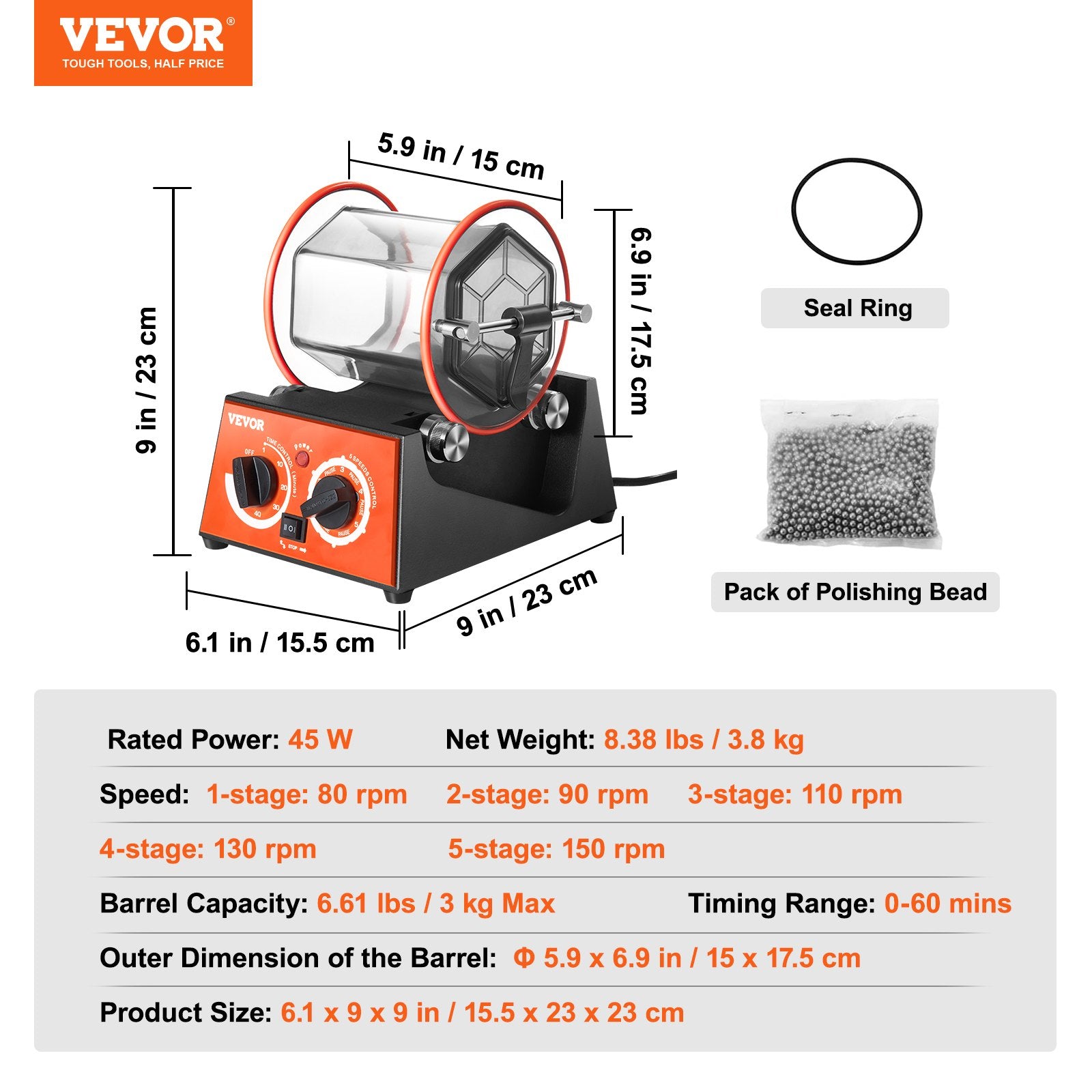 Jewelry Polisher Tumbler 6.6lbs Mini Rotary Machine 0-60Min Timer 5-Speed