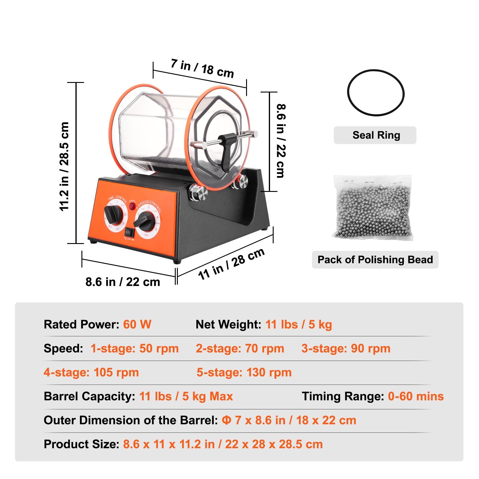 Jewelry Polisher Tumbler 11lbs Mini Rotary Machine 0-60Min Timer 5-Speed