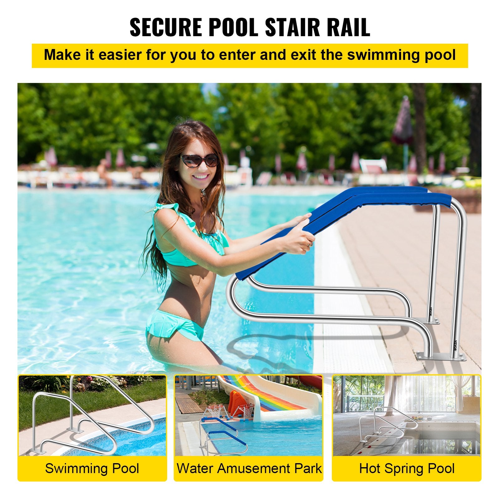 Swimming Pool Handrail Ladder Stainless Steel Rail with Base Plate