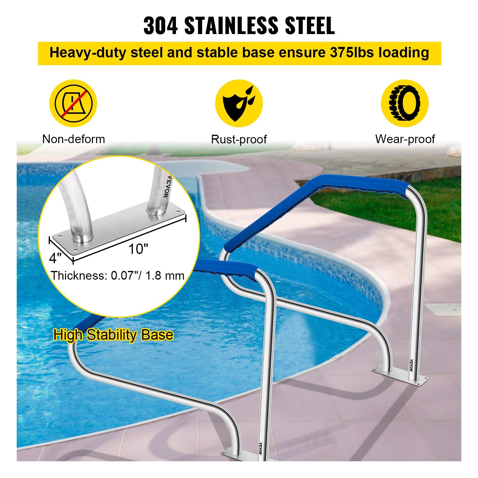Swimming Pool Handrail Ladder Stainless Steel Rail with Base Plate