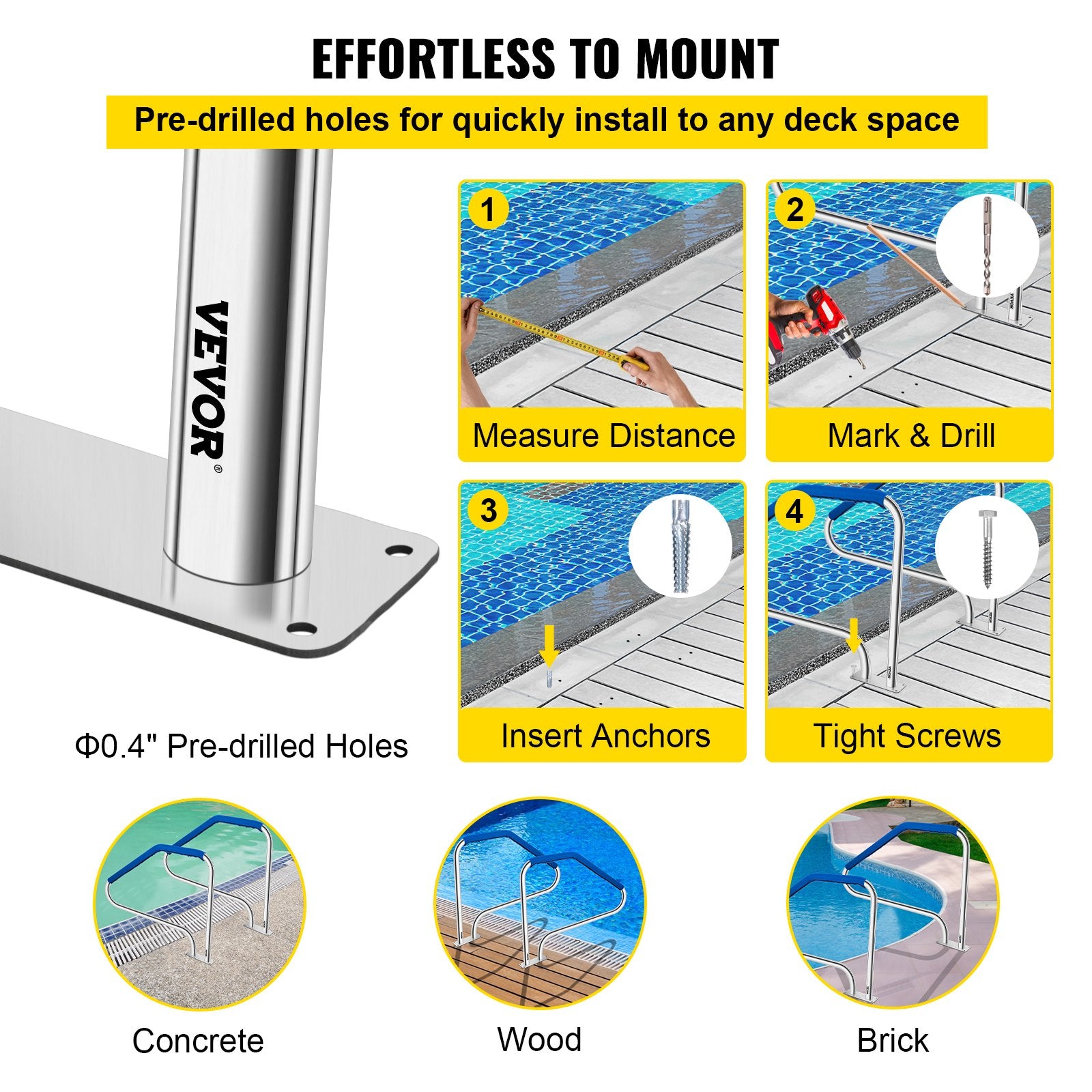 Swimming Pool Handrail Ladder Stainless Steel Rail with Base Plate