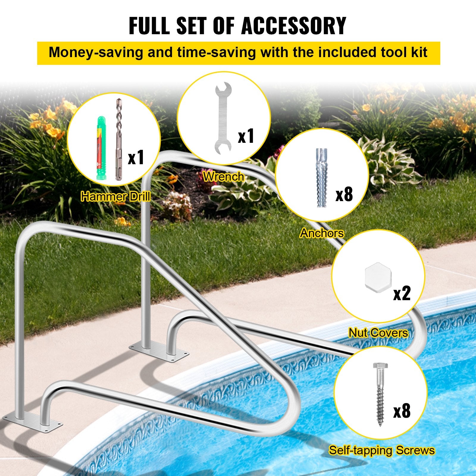 Swimming Pool Handrail Ladder Stainless Steel Rail with Base Plate