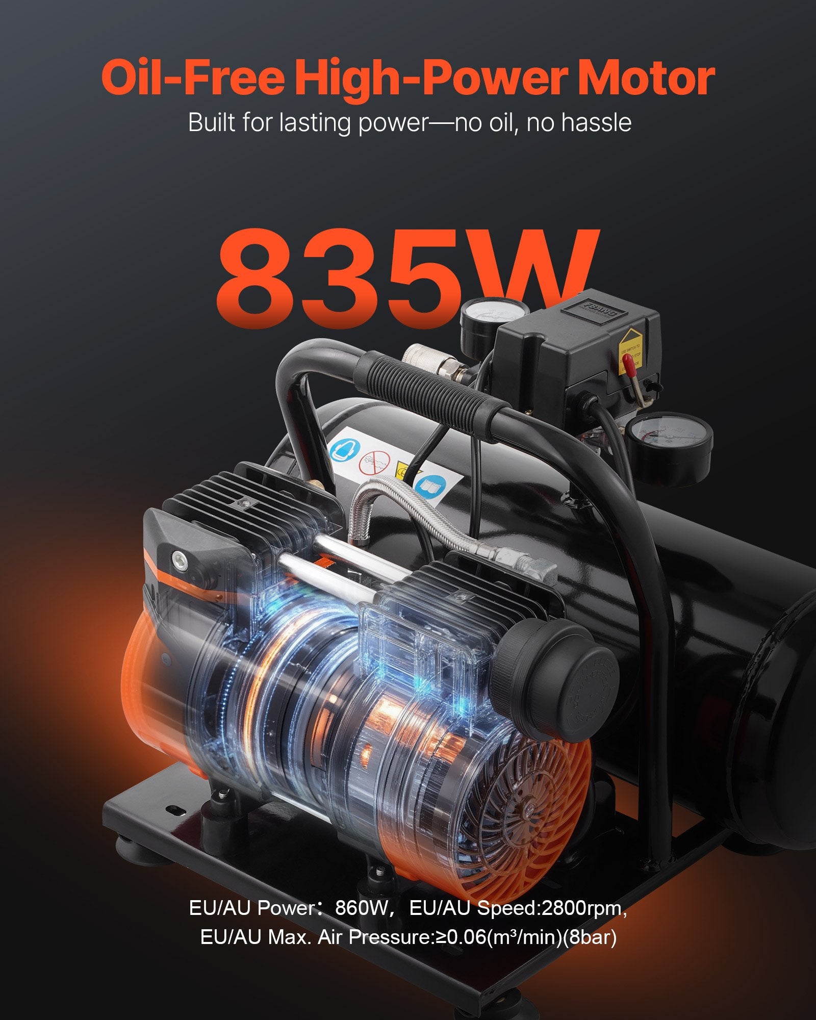 Air Compressor 8L Steel Tank 1HP 2.5CFM 120PSI Oil-Free Ultra Quiet Portable
