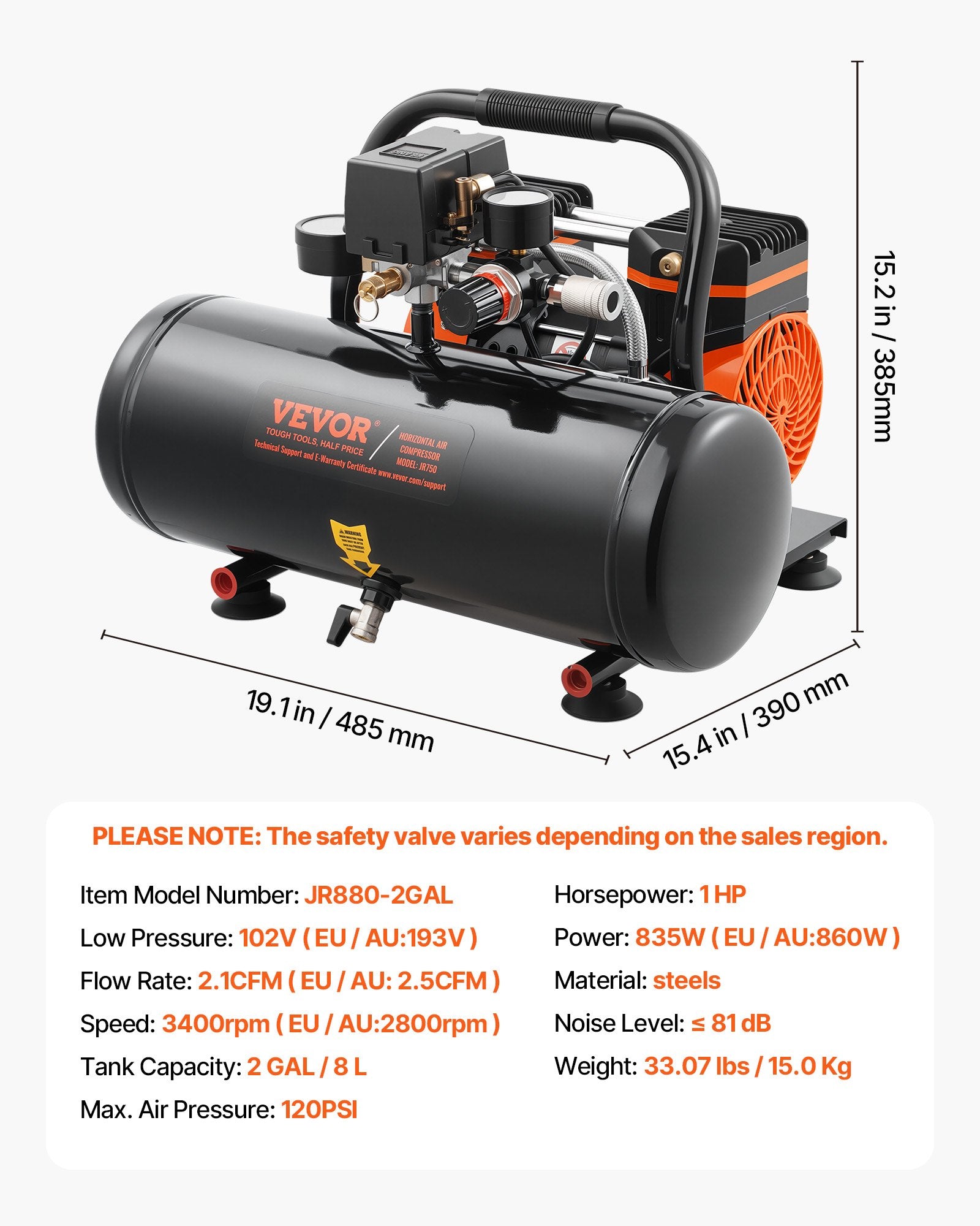 Air Compressor 8L Steel Tank 1HP 2.5CFM 120PSI Oil-Free Ultra Quiet Portable