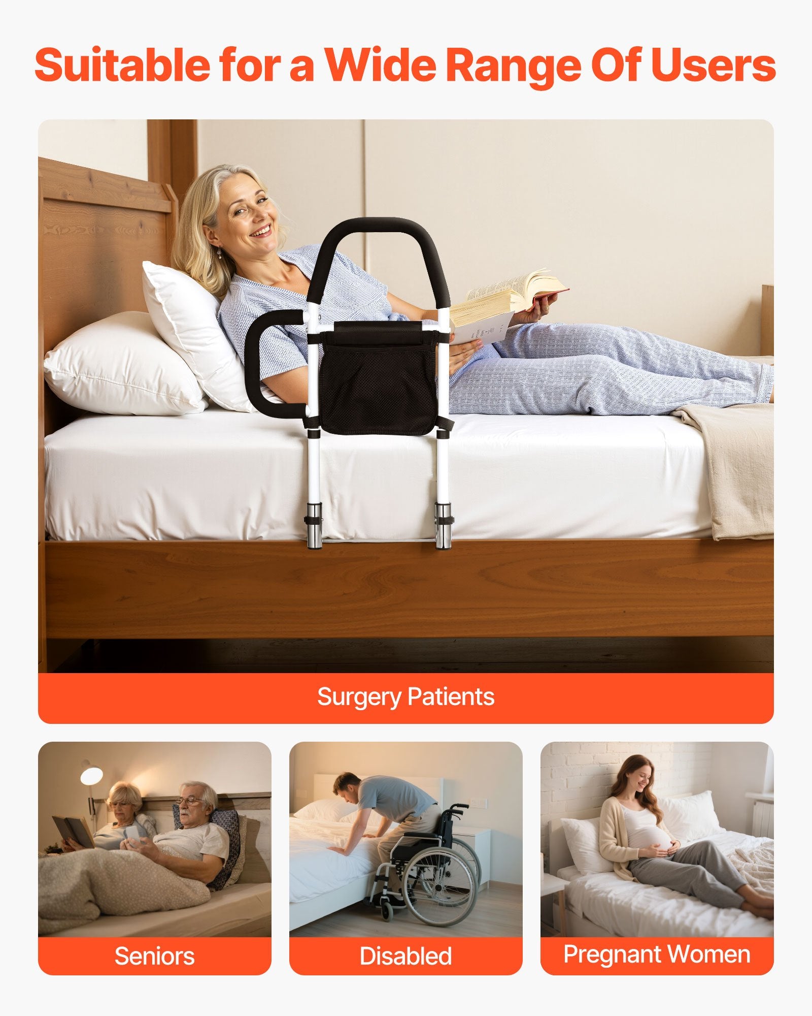 Bed Rail for Elderly, Adjustable Carbon Steel Bedside Assist Rail with PU Handle