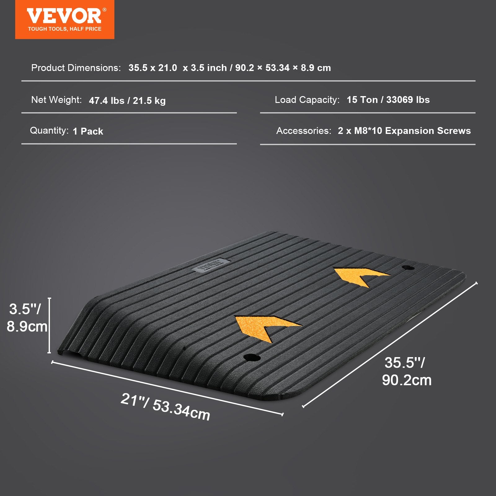 Upgraded Rubber Threshold Ramp 8.9cm Rise 1-Channel Non-Slip Car Curb Ramp