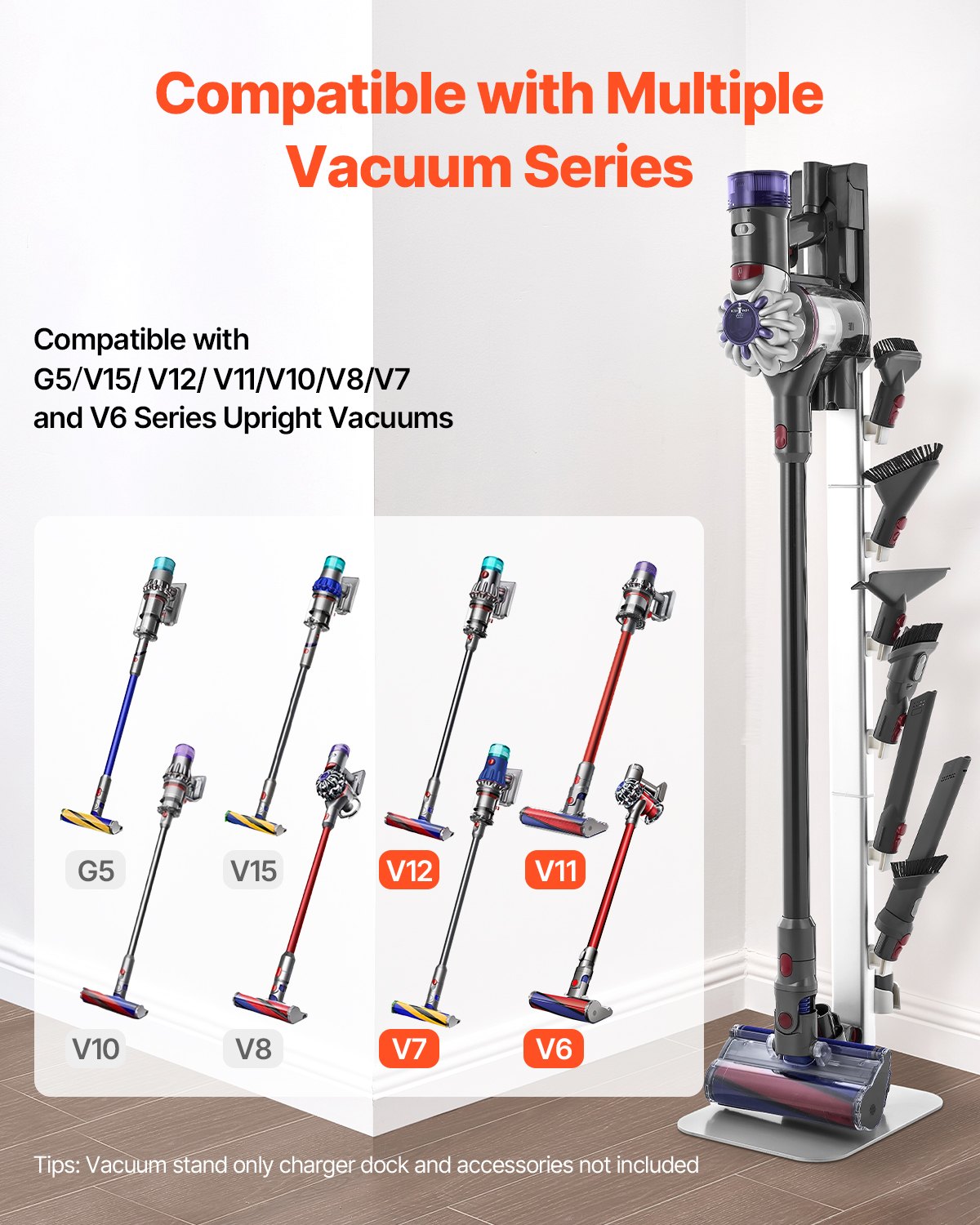 Vacuum Stand for Dyson G5 V15 V12 V11 V10 V8 V7 V6 with 6 Hooks Non-Slip Gray