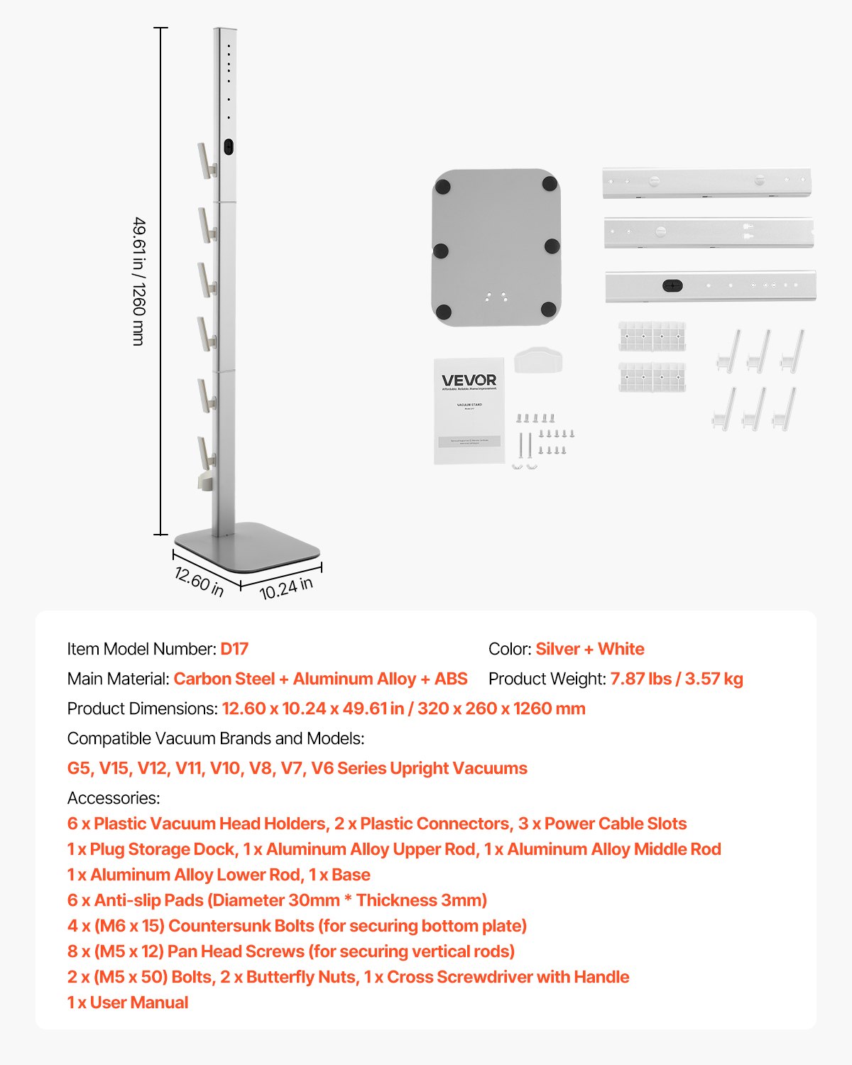 Vacuum Stand for Dyson G5 V15 V12 V11 V10 V8 V7 V6 with 6 Hooks Non-Slip Gray