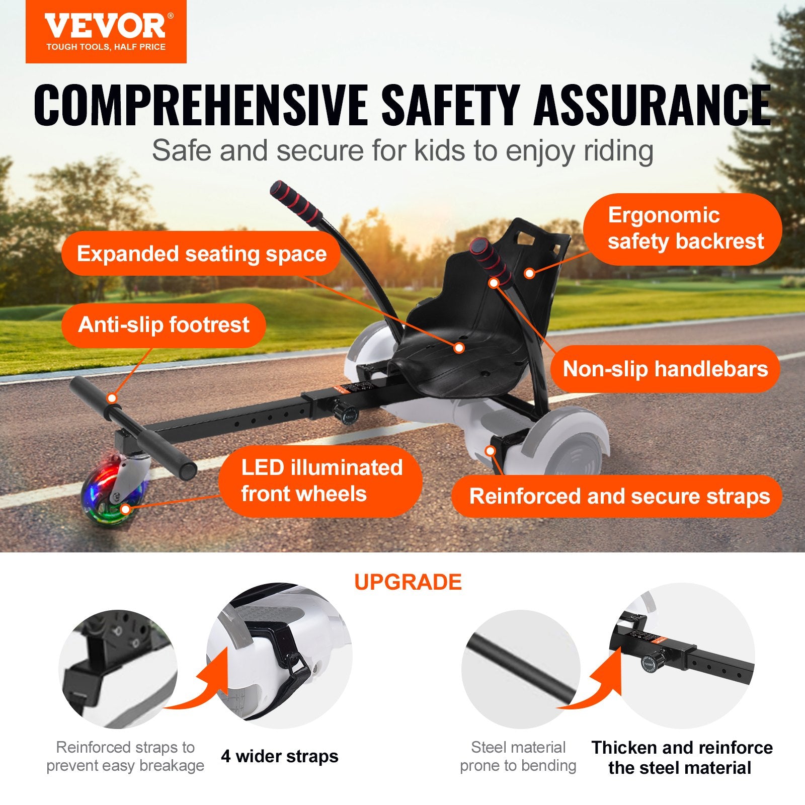 Hoverboard Seat Attachment w/LED Lights Adjustable Frame 16.5-25.4cm 99.8kg Load