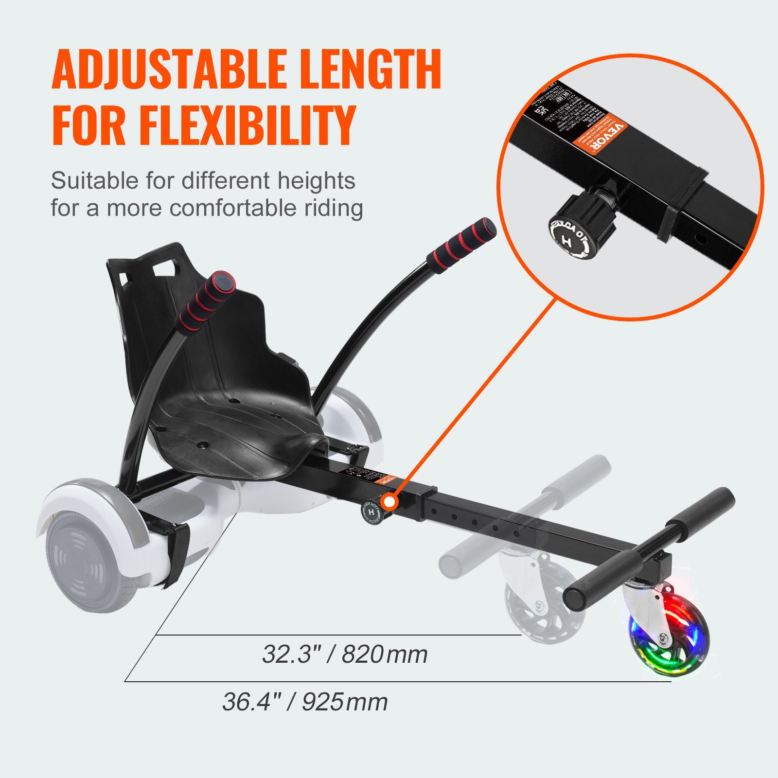 Hoverboard Seat Attachment w/LED Lights Adjustable Frame 16.5-25.4cm 99.8kg Load