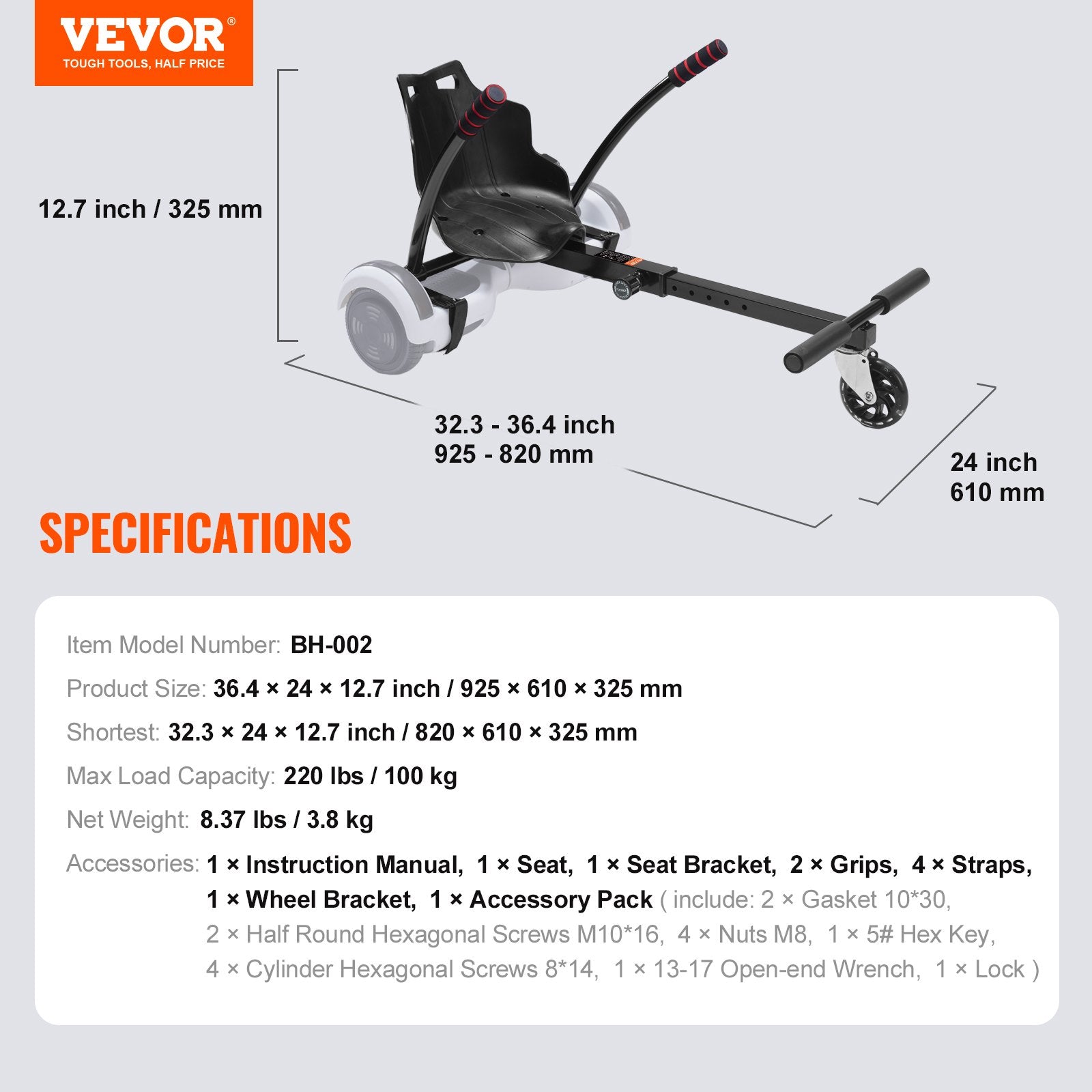 Hoverboard Seat Attachment w/LED Lights Adjustable Frame 16.5-25.4cm 99.8kg Load