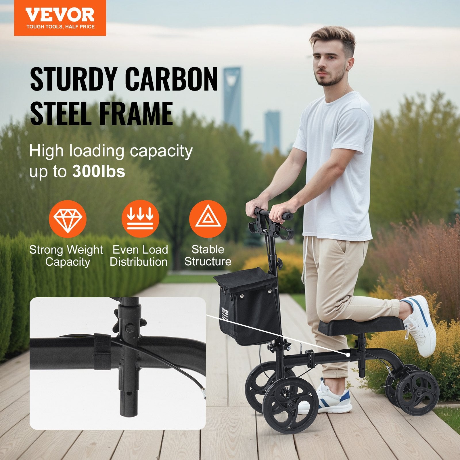 Folding Knee Scooter Carbon Steel Steerable with Adjustable Handlebar & Knee Pad
