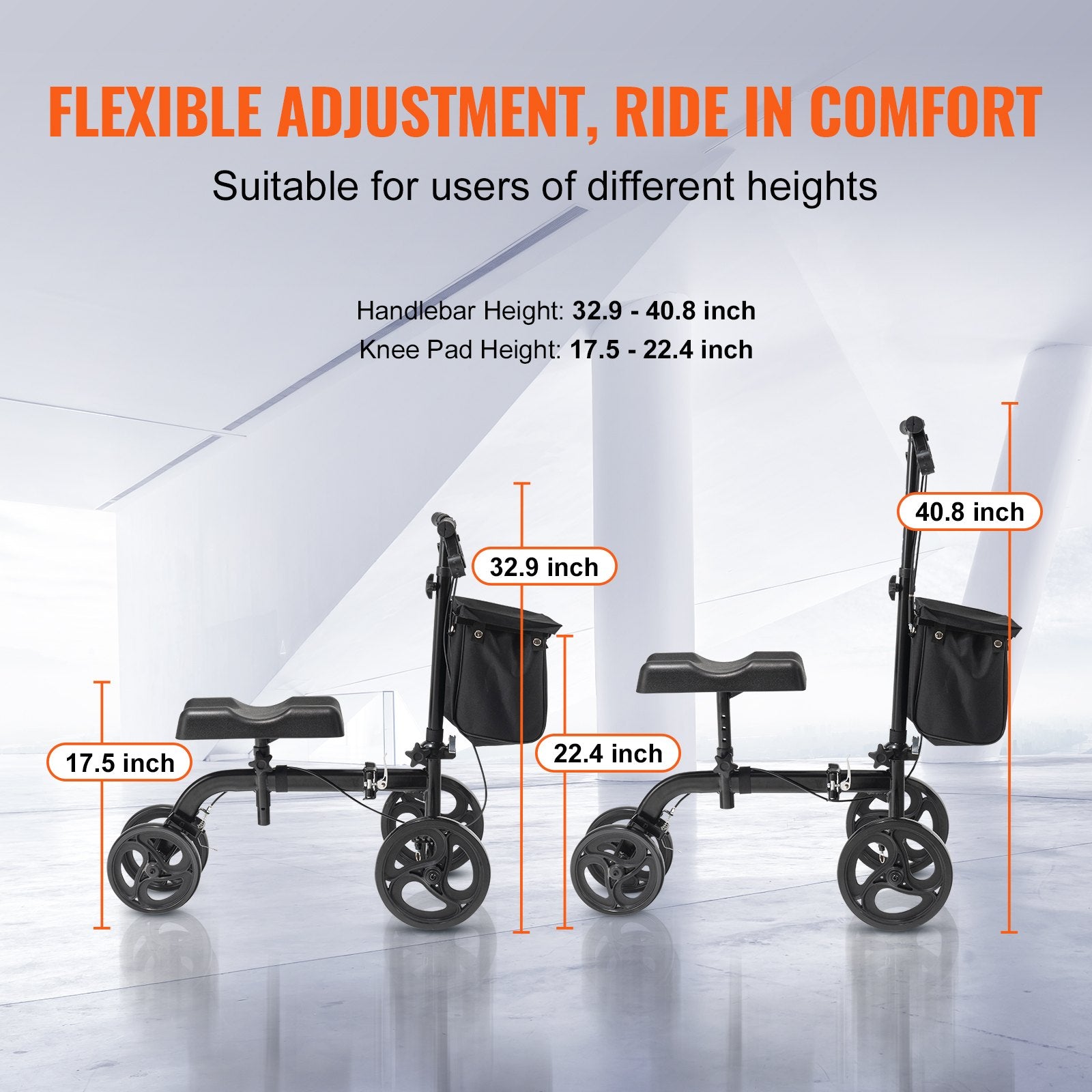 Folding Knee Scooter Carbon Steel Steerable with Adjustable Handlebar & Knee Pad