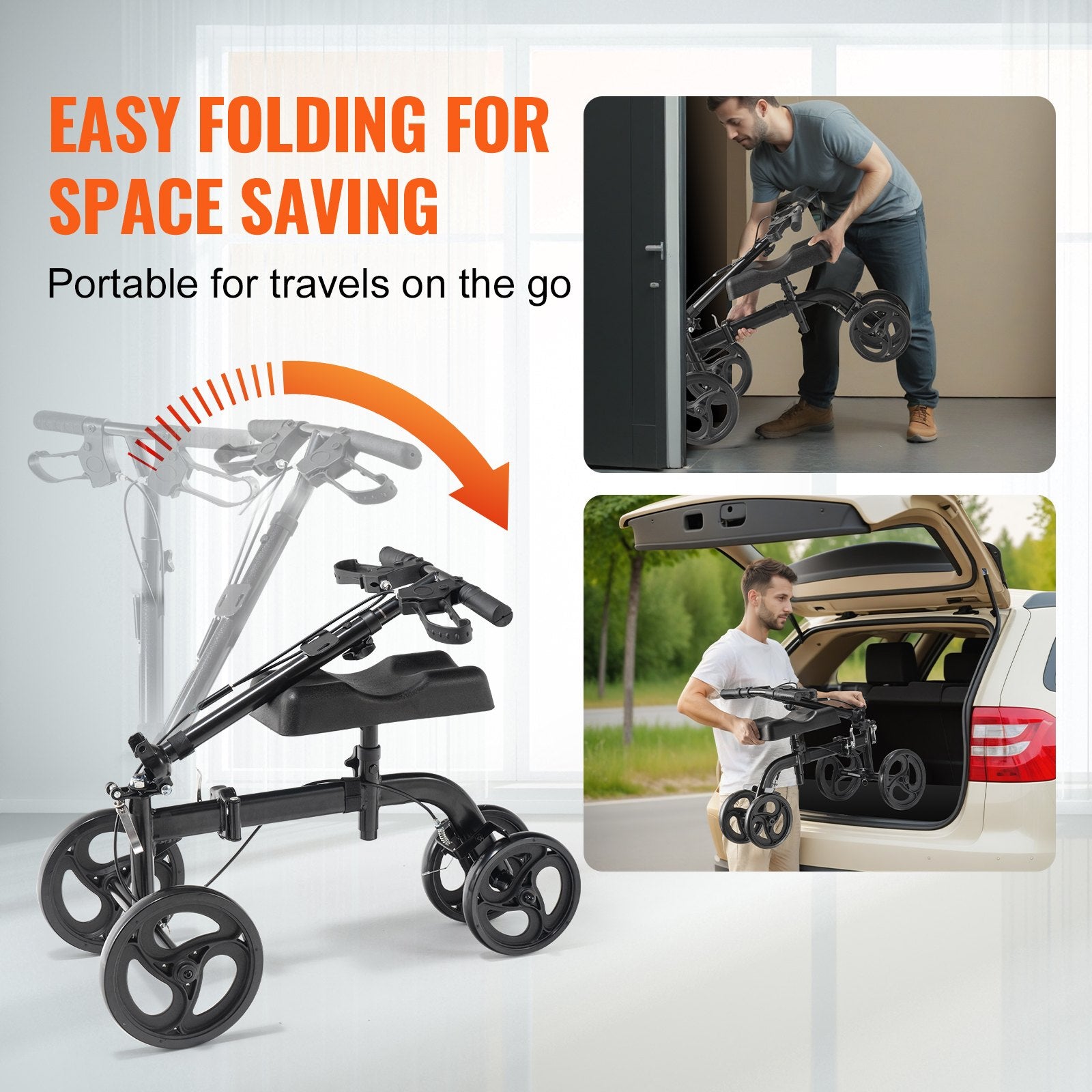 Folding Knee Scooter Carbon Steel Steerable with Adjustable Handlebar & Knee Pad
