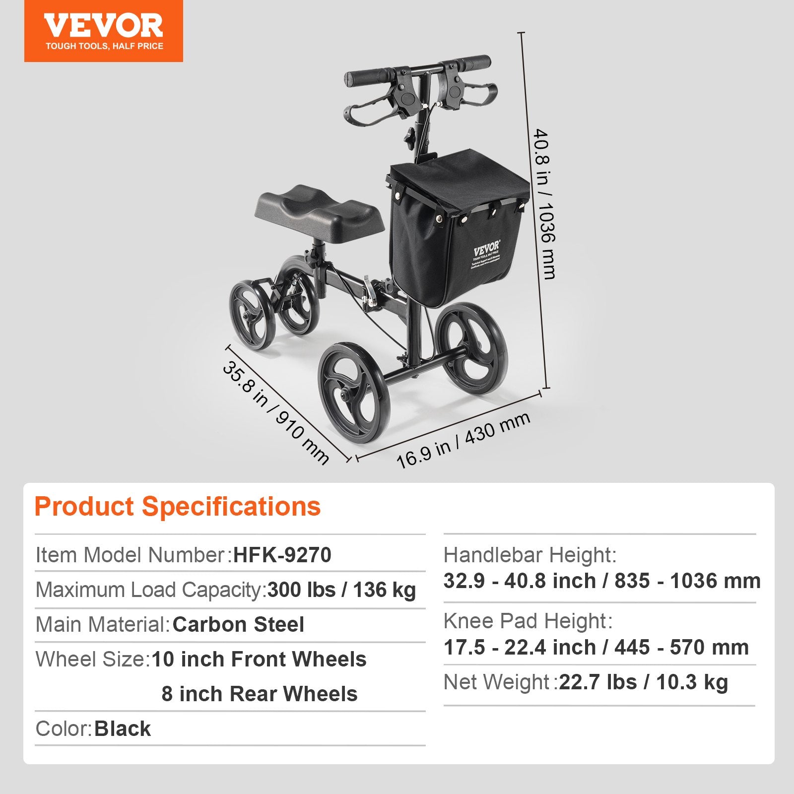 Folding Knee Scooter Carbon Steel Steerable with Adjustable Handlebar & Knee Pad