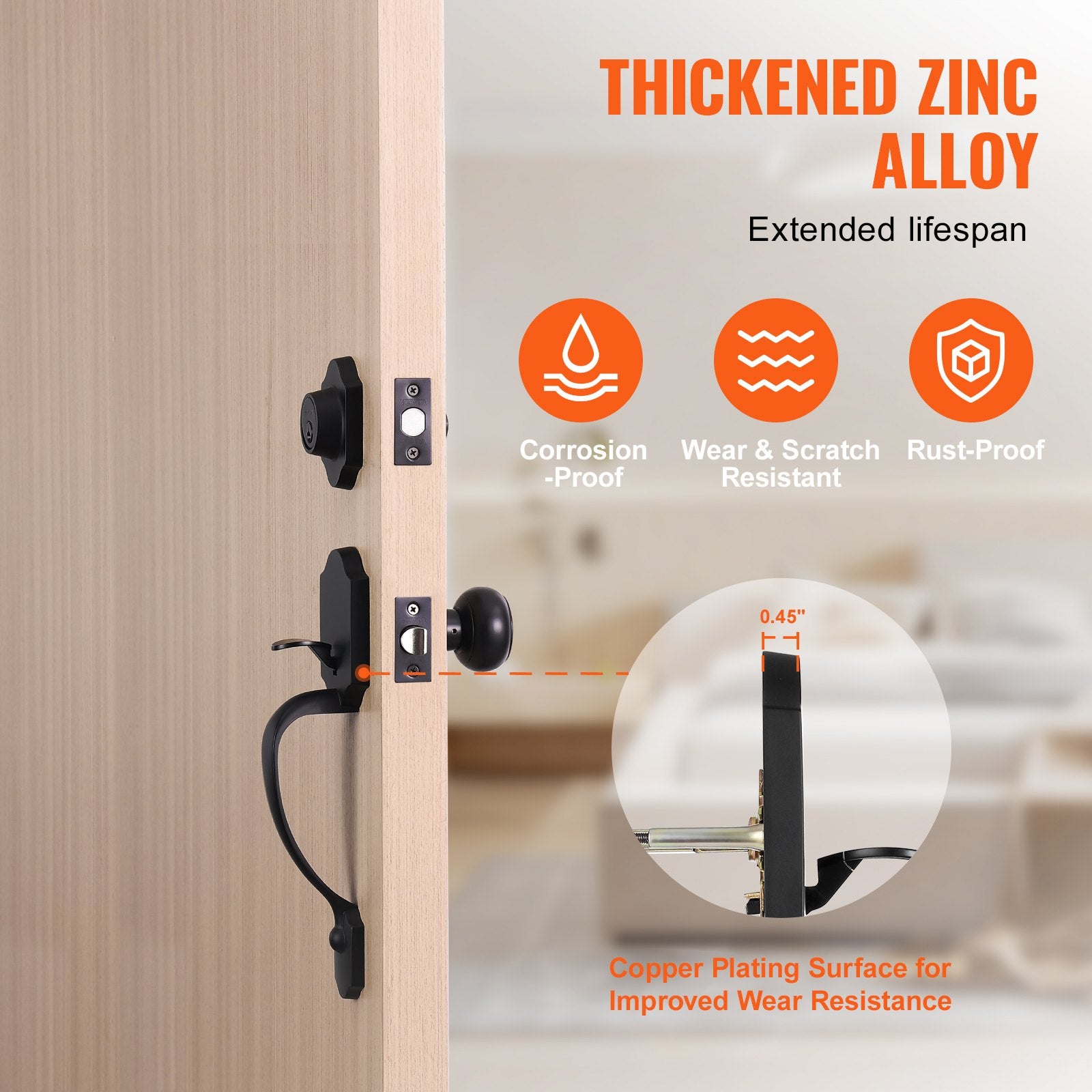 Front Door Handle and Deadbolt Set, Matte Black Single Cylinder Lock, Adjustable