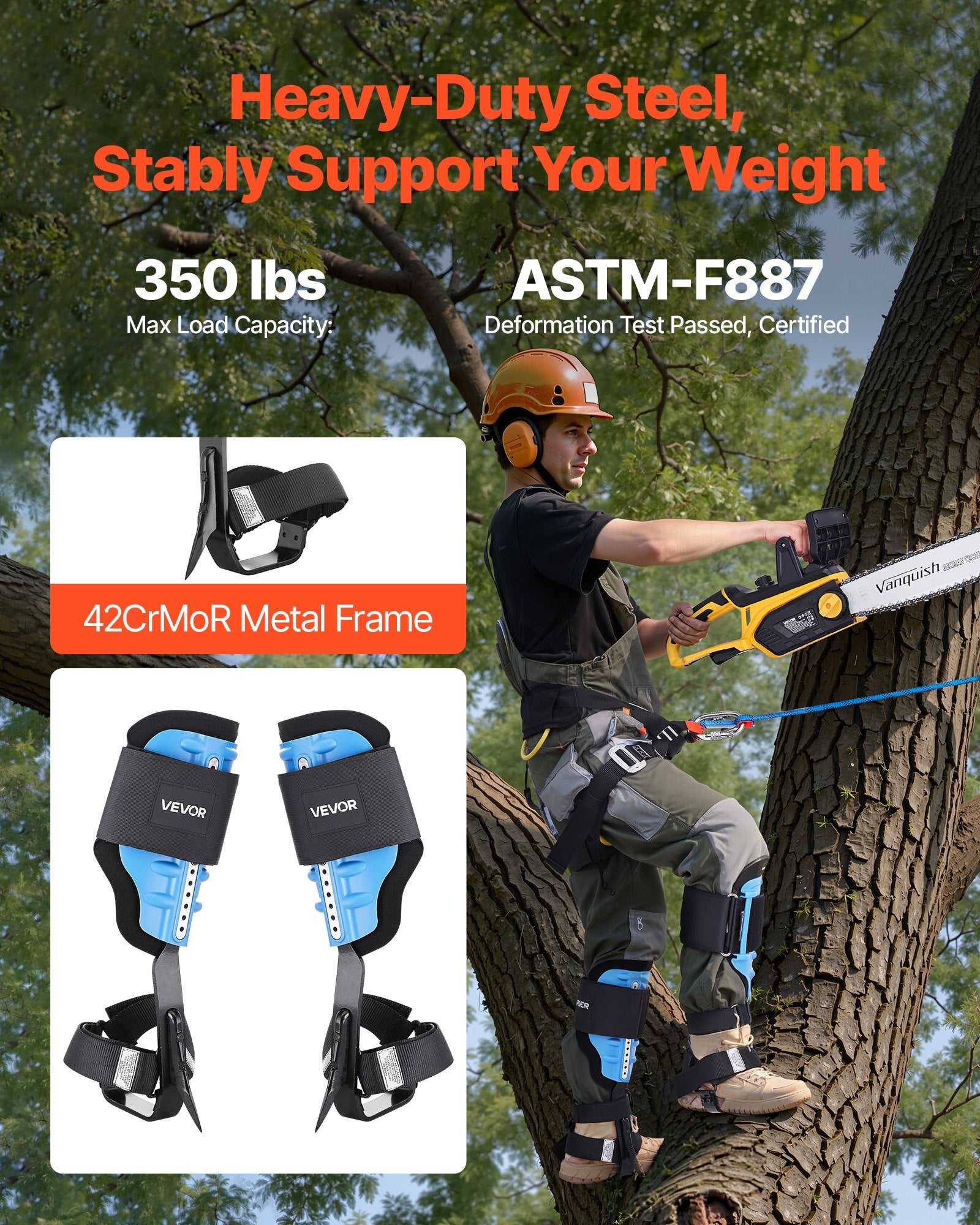 Tree Climbing Spikes Adjustable Straps Padding 159kg Load Capacity Steel