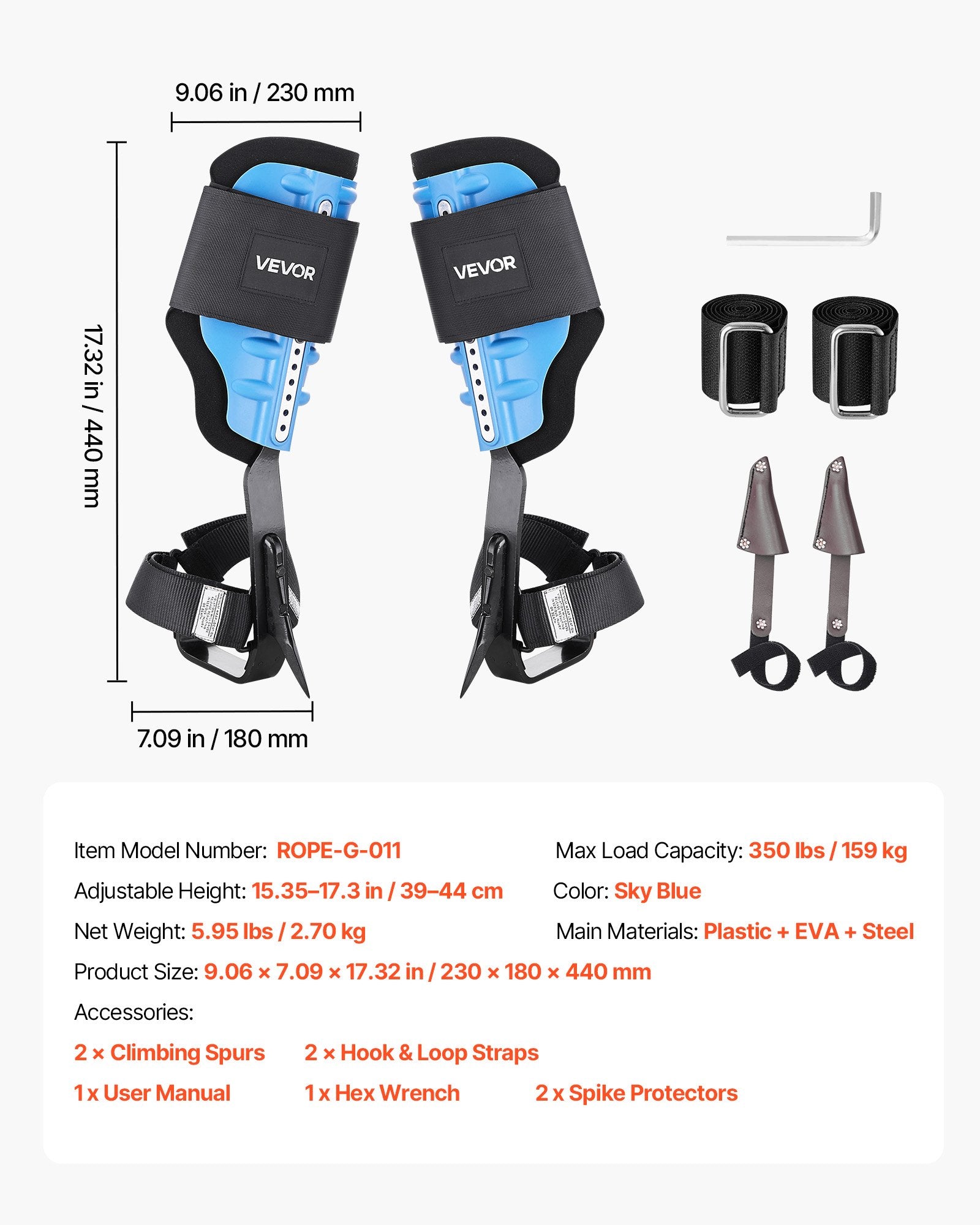 Tree Climbing Spikes Adjustable Straps Padding 159kg Load Capacity Steel