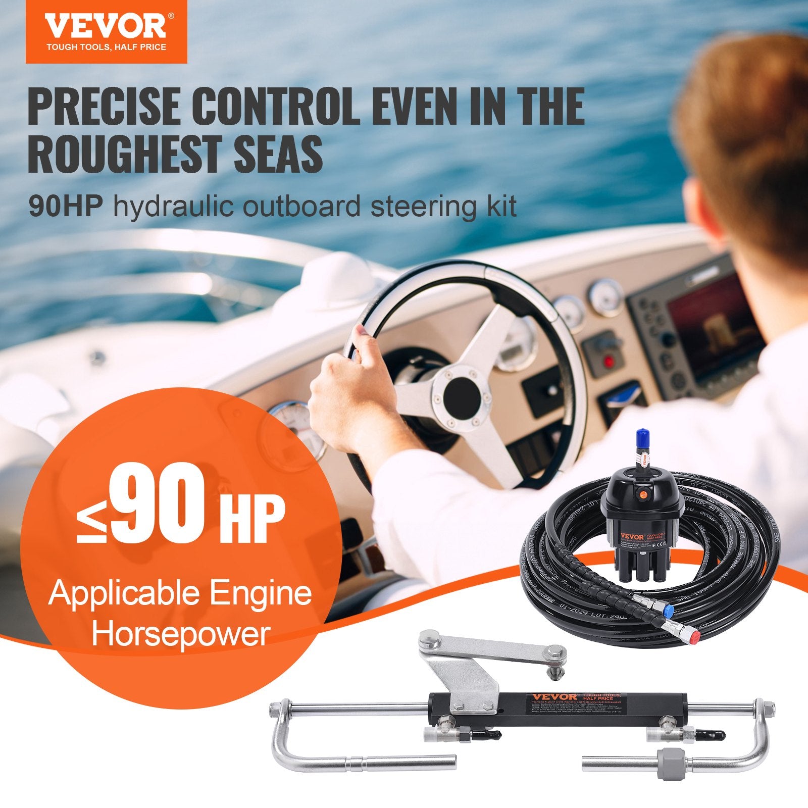 Hydraulic Outboard Steering Kit 90HP with Helm Pump Cylinder and 24ft Hose