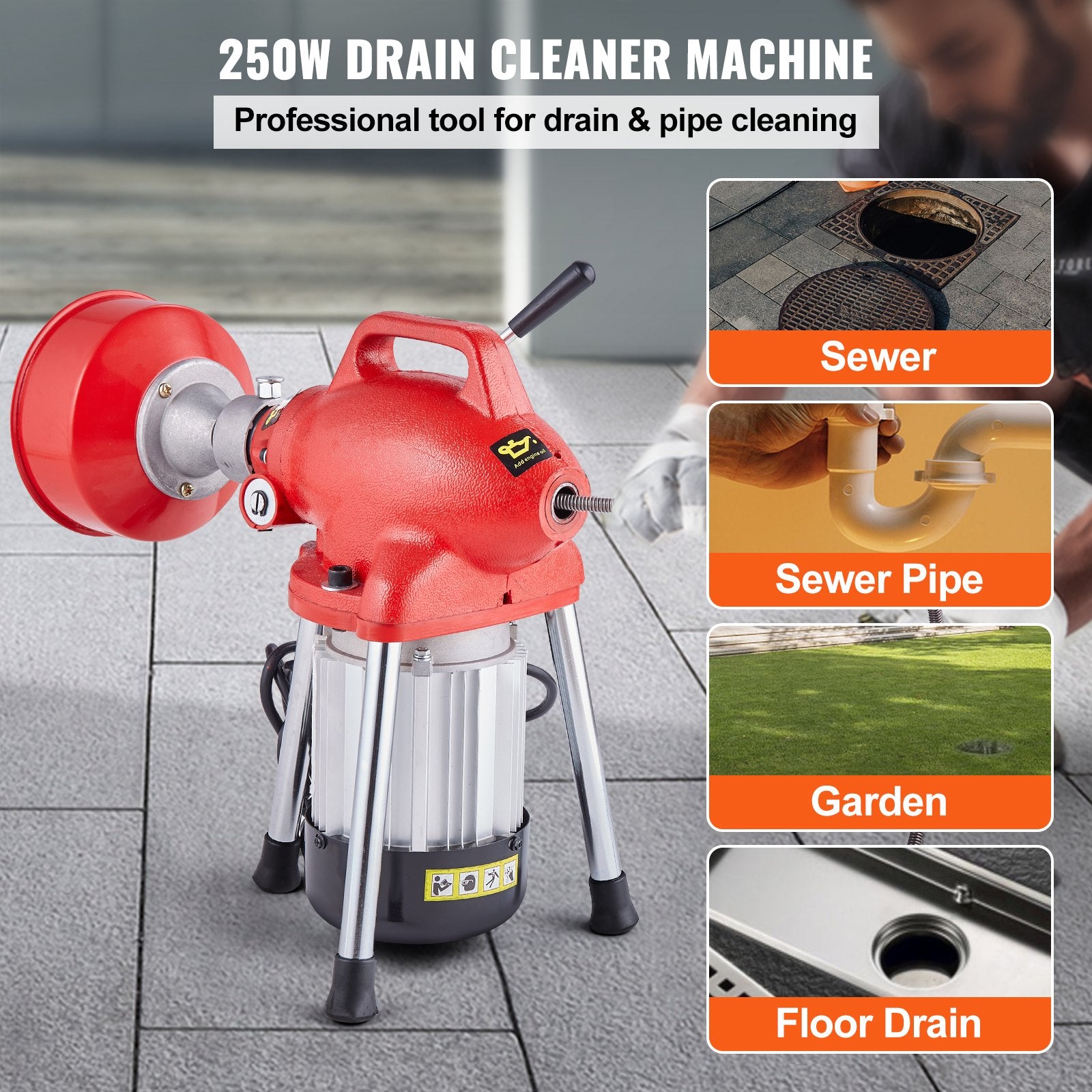 Drain Cleaner Machine 66FT x 5/8in, 250W Electric Sewer Snake Auger