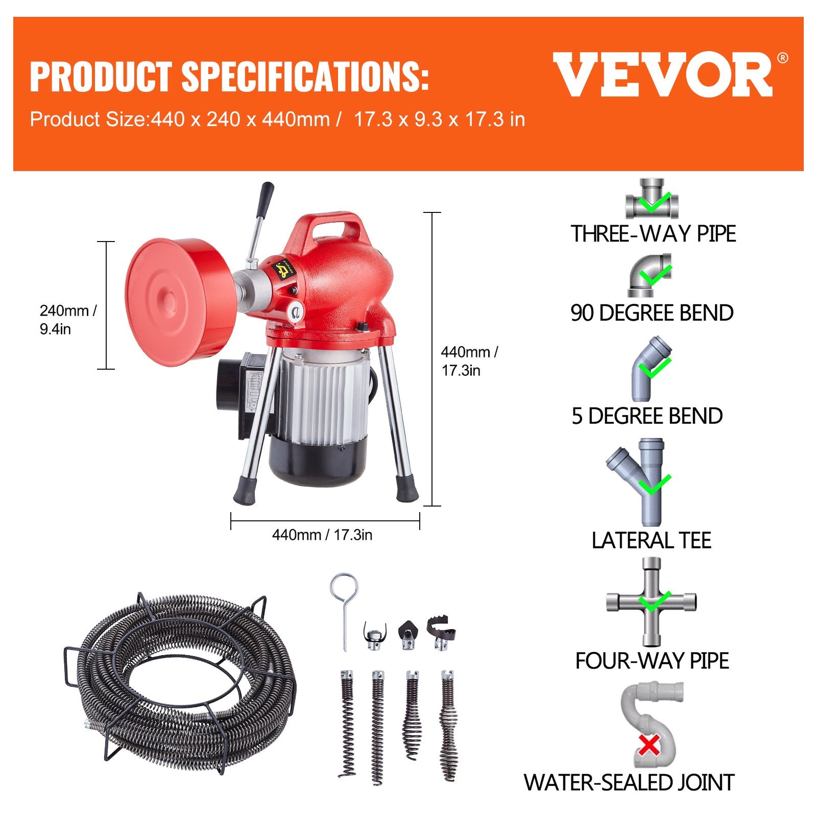 Drain Cleaner Machine 66FT x 5/8in, 250W Electric Sewer Snake Auger