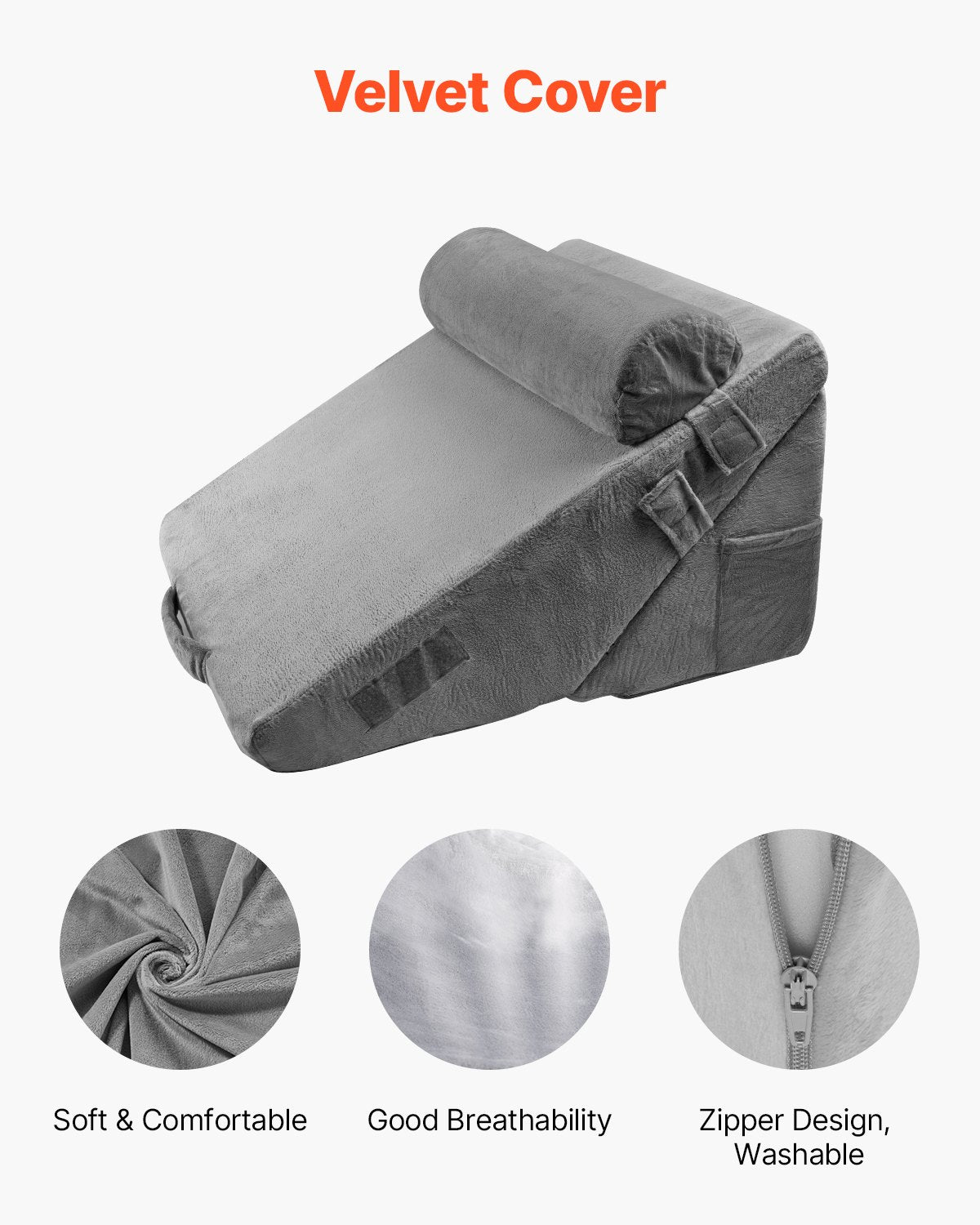 Bed Wedge Pillow 3-Pcs Adjustable Orthopedic Set with Washable Cover Dark Grey
