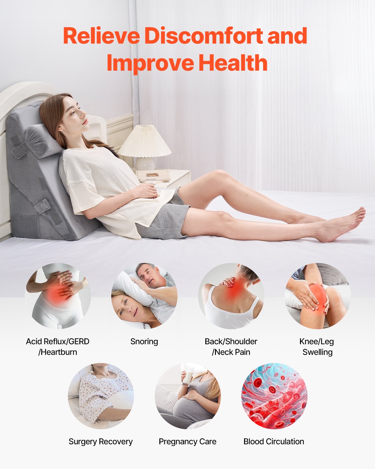 Bed Wedge Pillow 3-Pcs Adjustable Orthopedic Set with Washable Cover Dark Grey