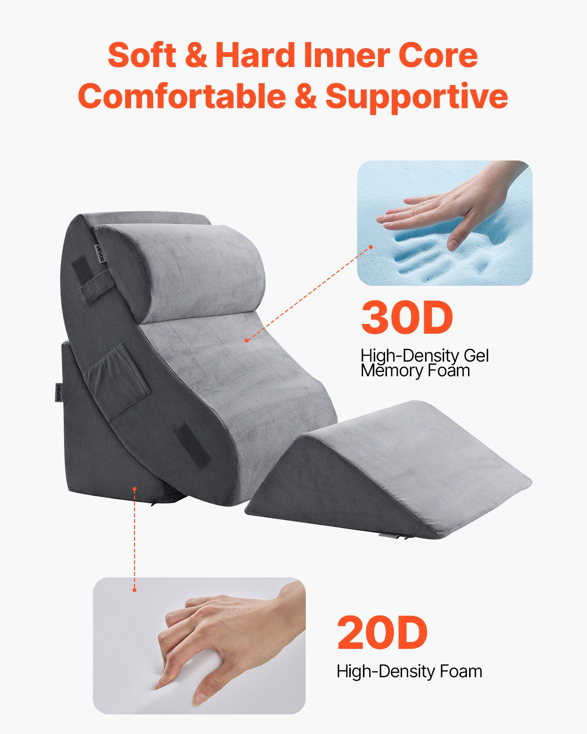 Wedge Pillow 4-Pcs Adjustable Orthopedic Bed Wedge Set for Back Pain Dark Grey