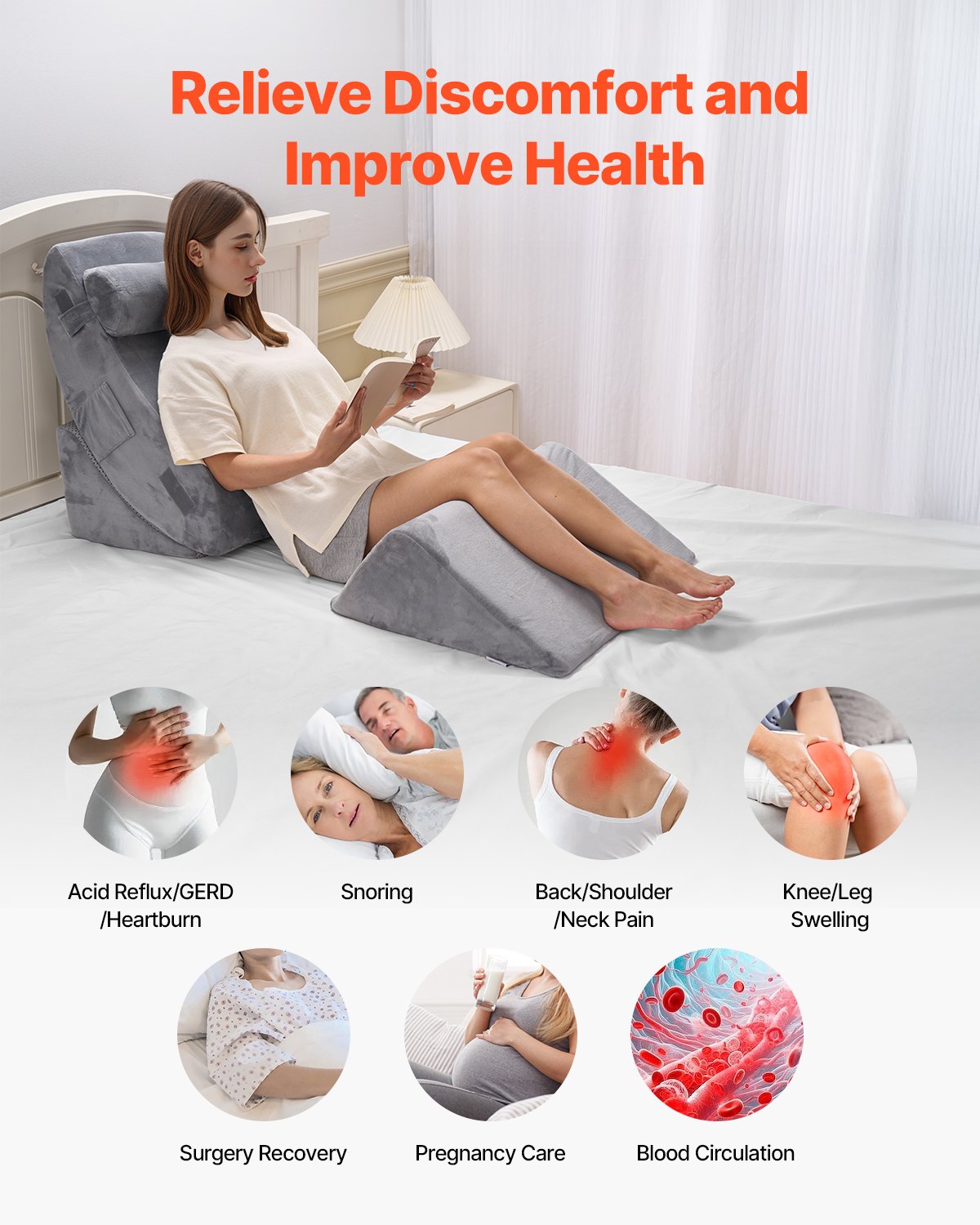 Wedge Pillow 4-Pcs Adjustable Orthopedic Bed Wedge Set for Back Pain Dark Grey