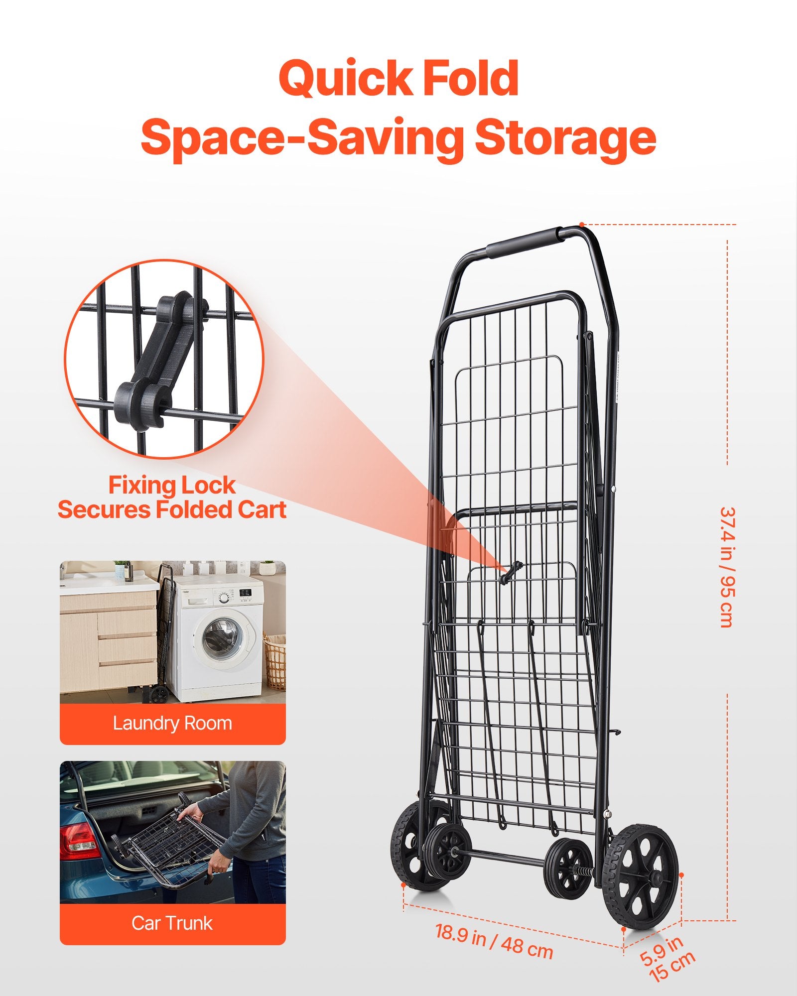 Folding Grocery Utility Cart with Swivel Wheels, 40.8 kg Load Capacity, Black