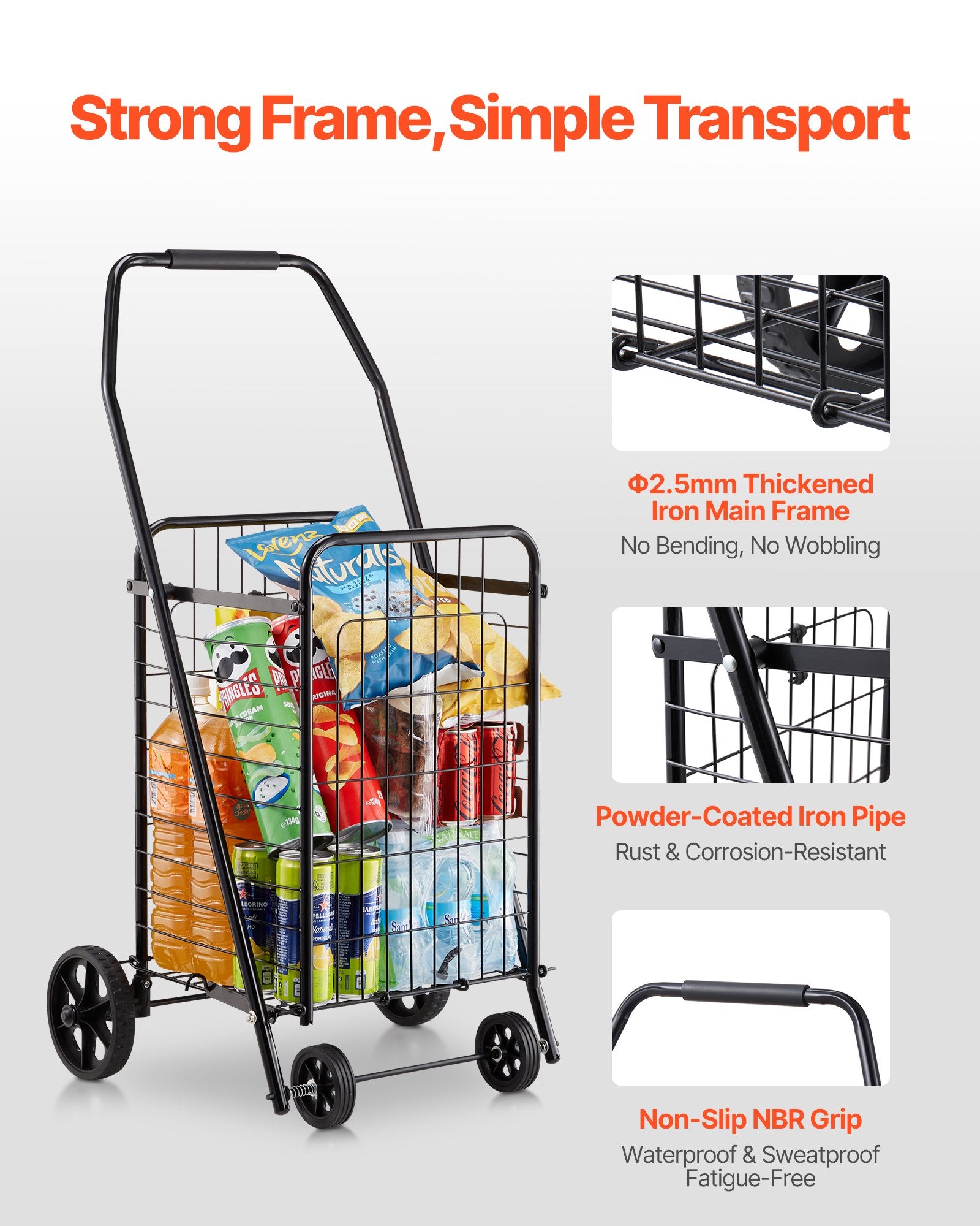 Folding Grocery Utility Cart with Swivel Wheels, 40.8 kg Load Capacity, Black