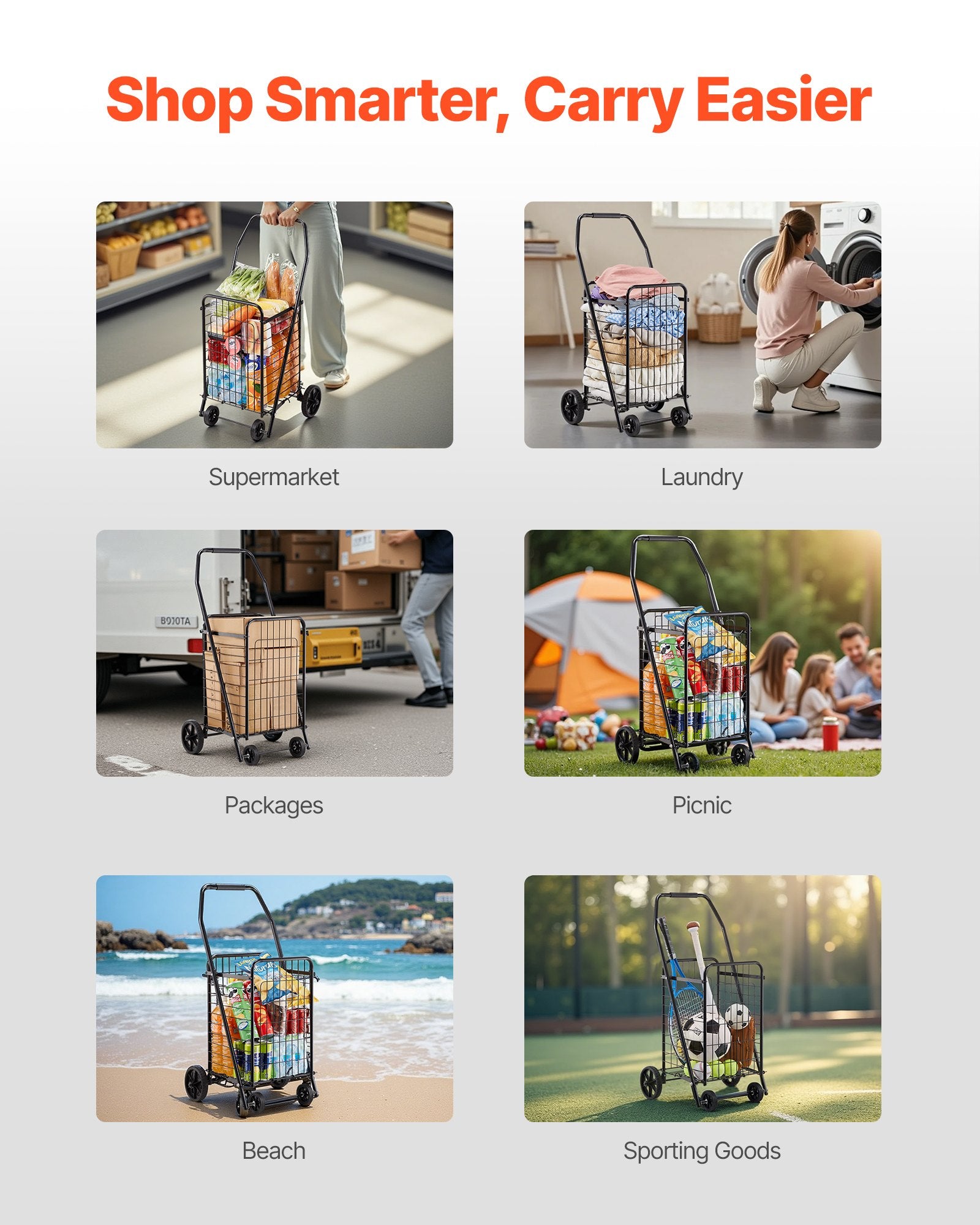 Folding Grocery Utility Cart with Swivel Wheels, 40.8 kg Load Capacity, Black