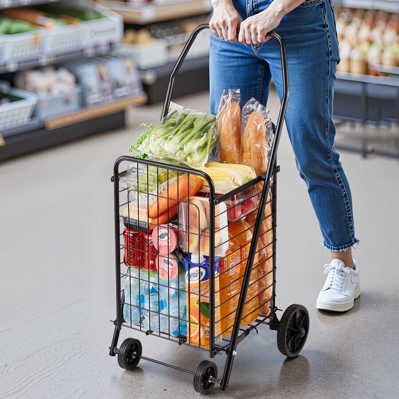 Folding Grocery Utility Cart with Swivel Wheels, 40.8 kg Load Capacity, Black