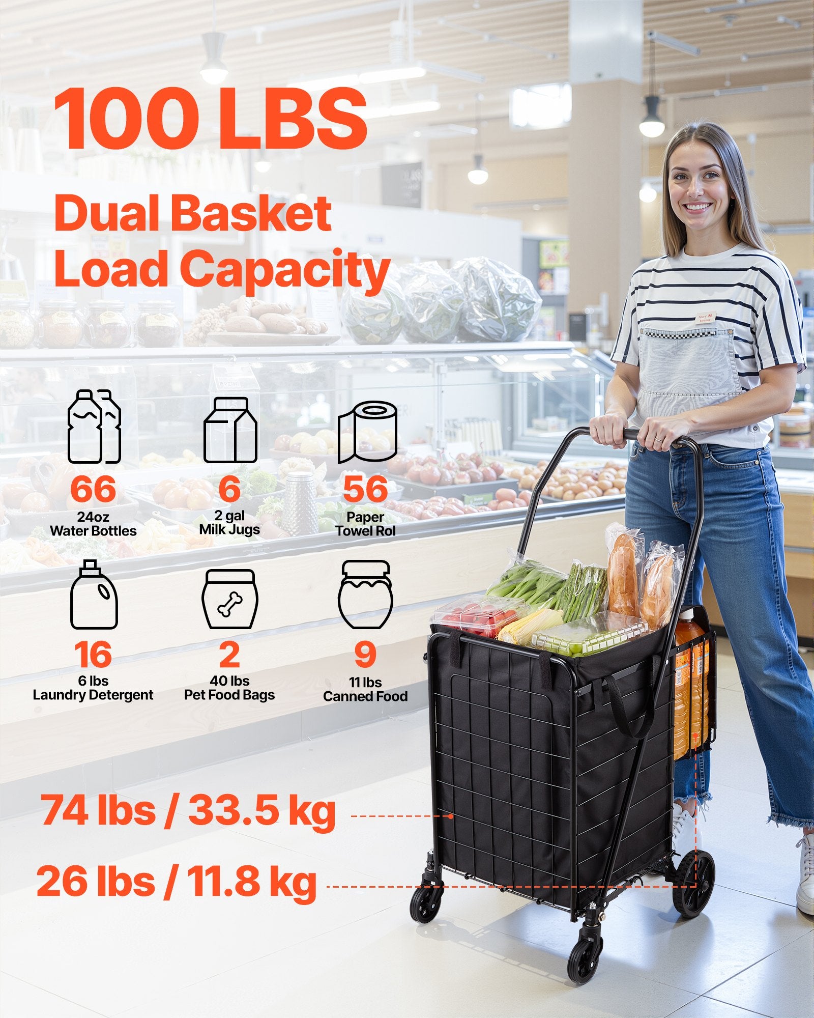 Folding Shopping Cart Dual Baskets Waterproof Liner Wheels 45KG Capacity