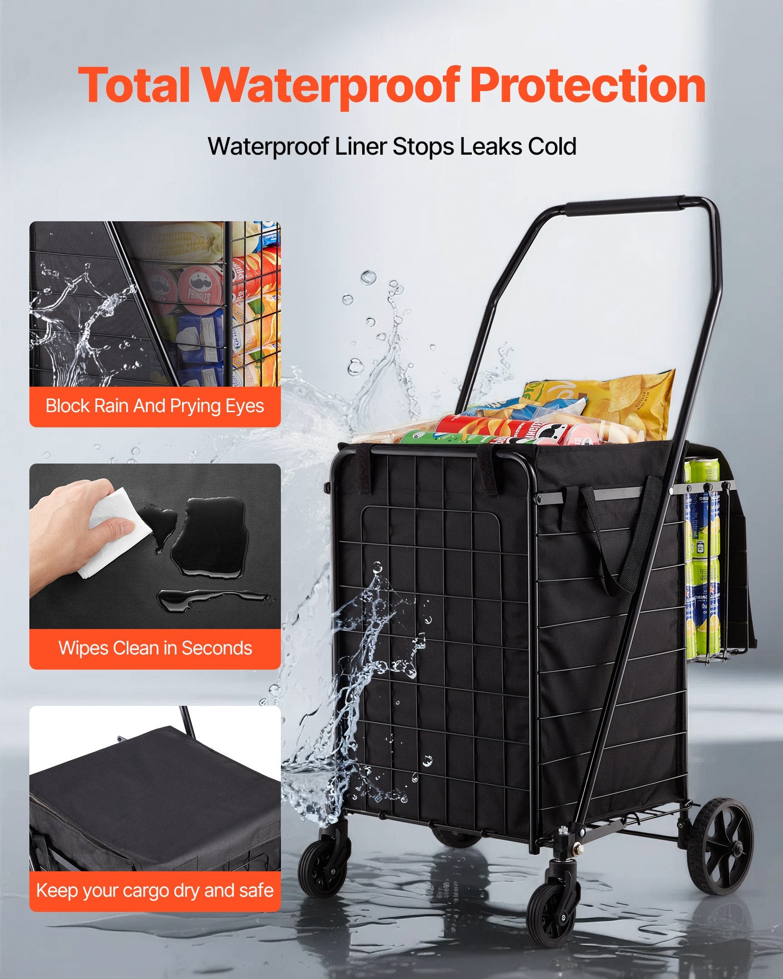 Folding Shopping Cart Dual Baskets Waterproof Liner Wheels 45KG Capacity
