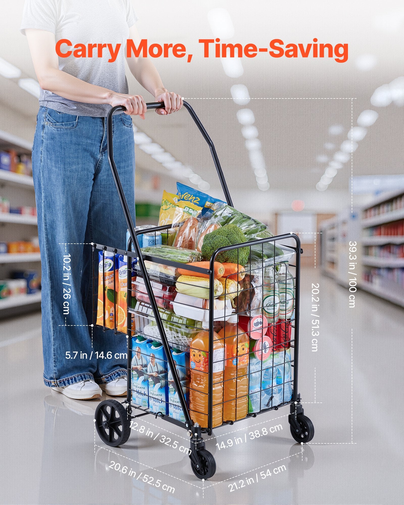 Folding Shopping Cart Dual Baskets Waterproof Liner Wheels 45KG Capacity